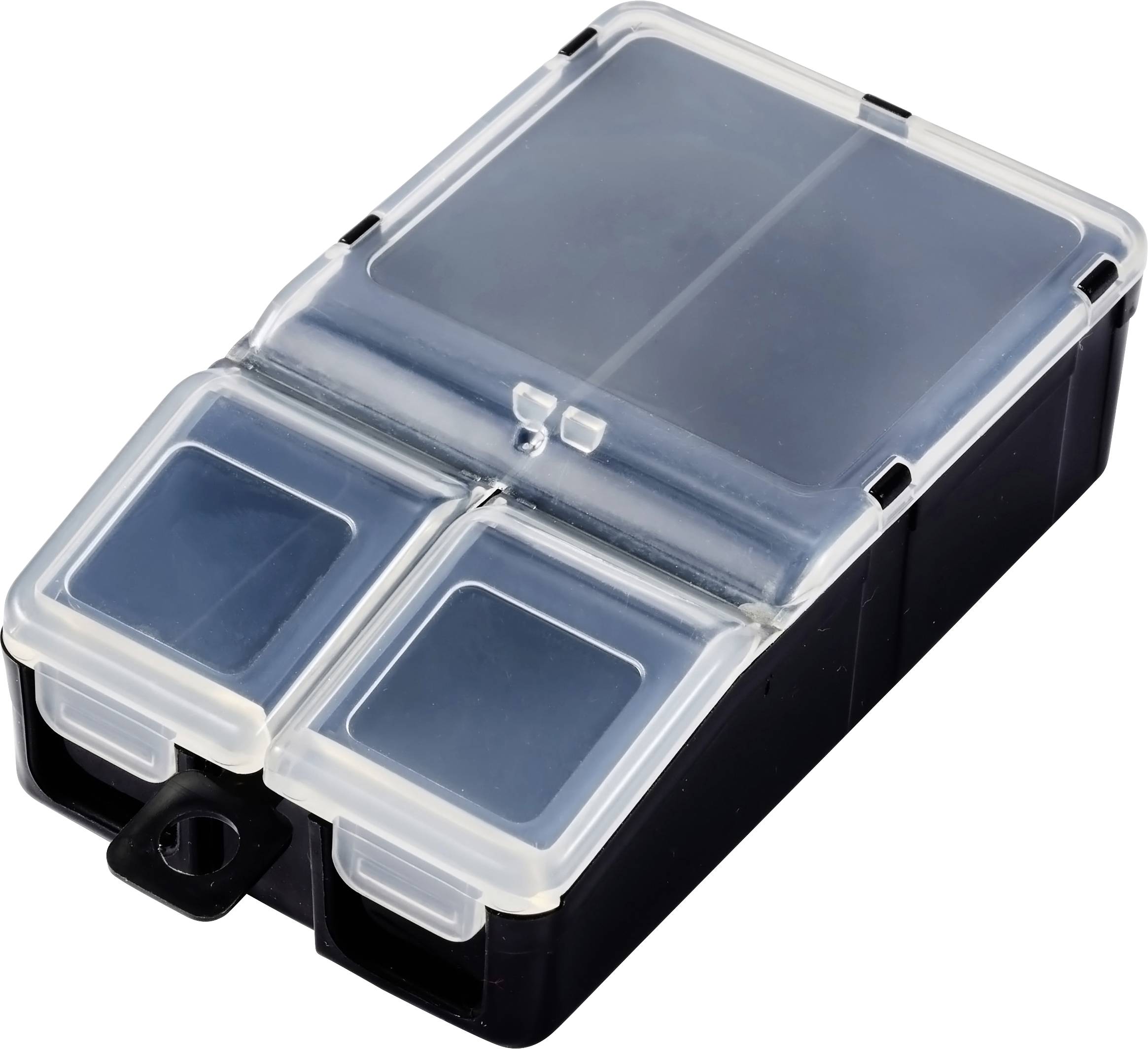 Ein schwarzer, rechteckiger Organizer mit durchsichtigen, getrennten Fächern zum Aufbewahren kleiner Gegenstände oder Zubehör.