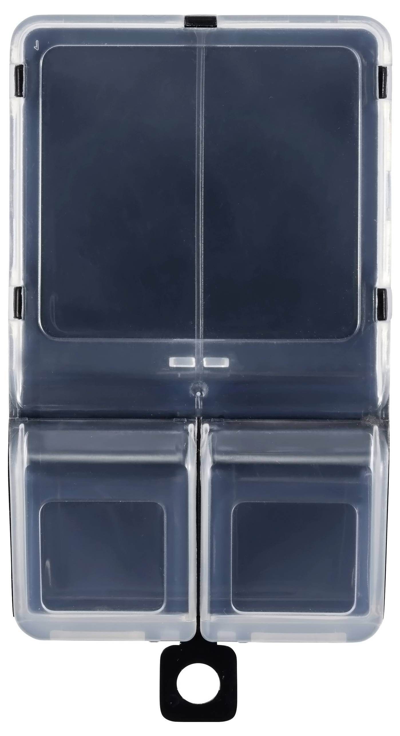 Eine transparente, leere Schutzhülle mit zwei Fächern und einem schwarzen Verschluss unten, geeignet für kleine Gegenstände.