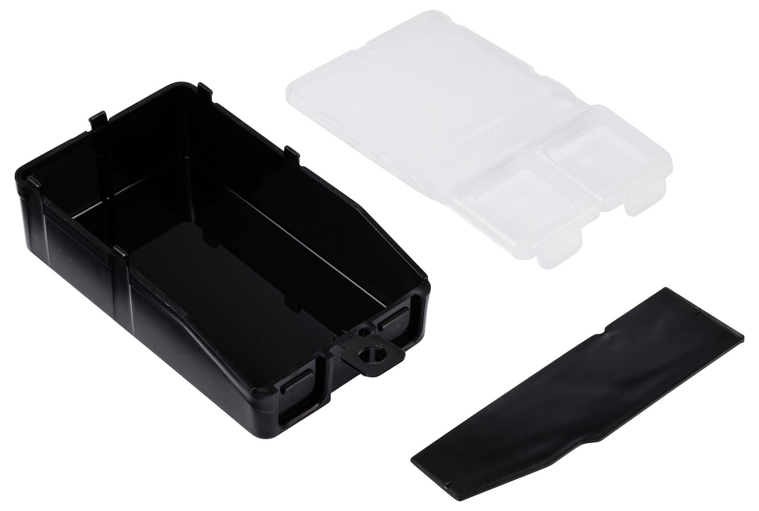 Kunststoffbehälter mit durchsichtigem Deckel und schwarzer Innenhalterung, geeignet zur organisierten Aufbewahrung von Kleinteilen.