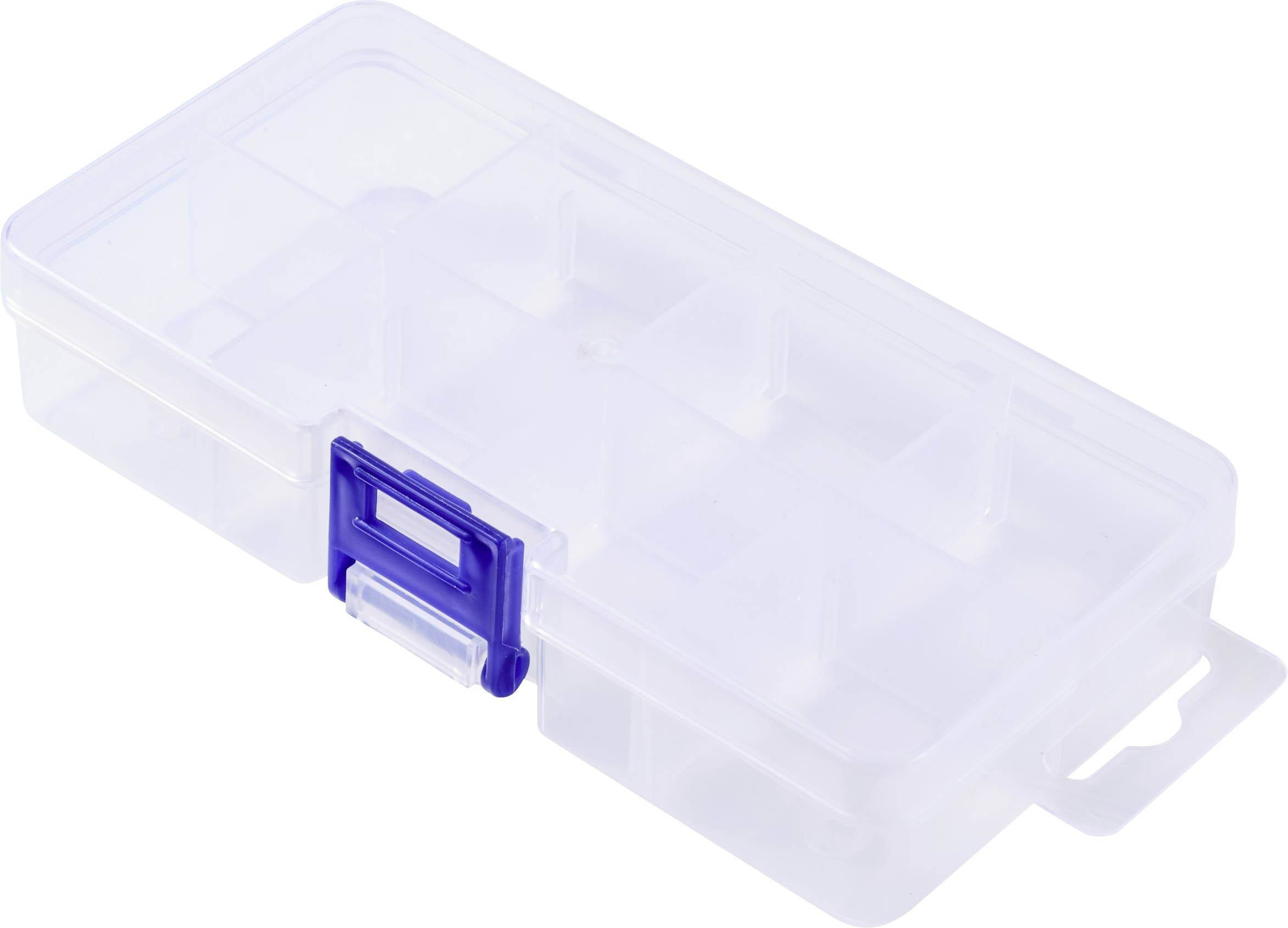 Klare Plastikbox mit blauem Verschluss, bestehend aus mehreren kleinen Fächern. Ideal zur Aufbewahrung von kleinen Gegenständen.