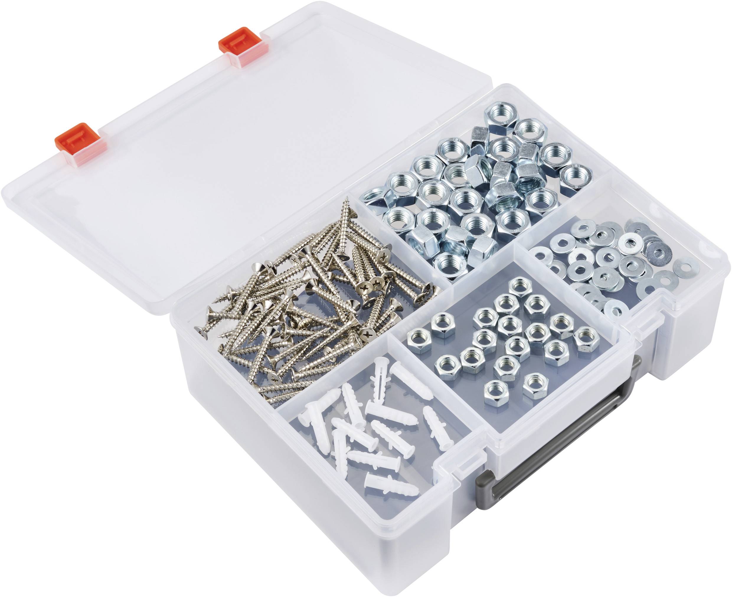 TRU COMPONENTS Sortimentskasten (L x B x H) 250 x 190 x 80mm Anzahl Fächer: 6 variable Unterteilung, inkl. Handgriff Inhalt 1St.