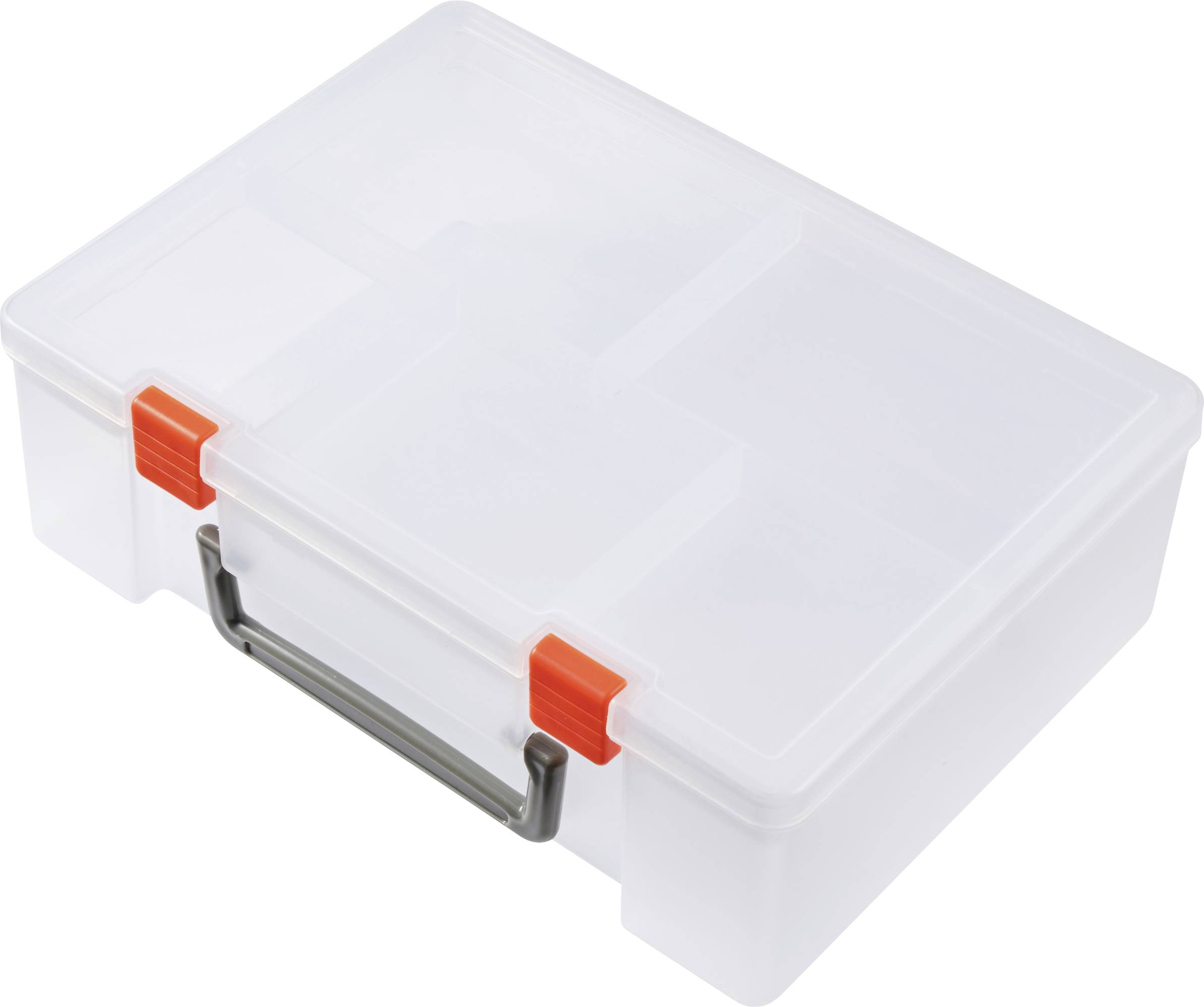 Weiße, transparente Plastikbox mit grauem Griff und orangefarbenen Verschlüssen, geeignet zur Aufbewahrung von Kleinteilen.