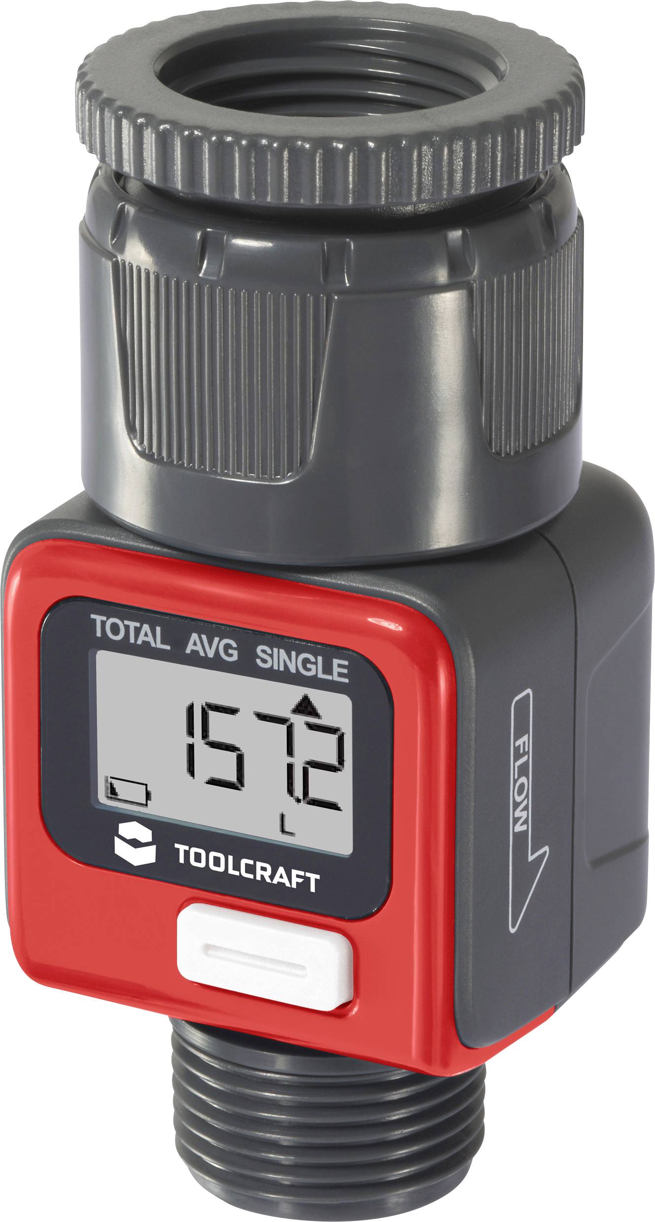 Ein digitaler Durchflussmesser in Rot und Grau zeigt '157' auf einem Display. Richtungspfeil rechts; Marke: Toolcraft.