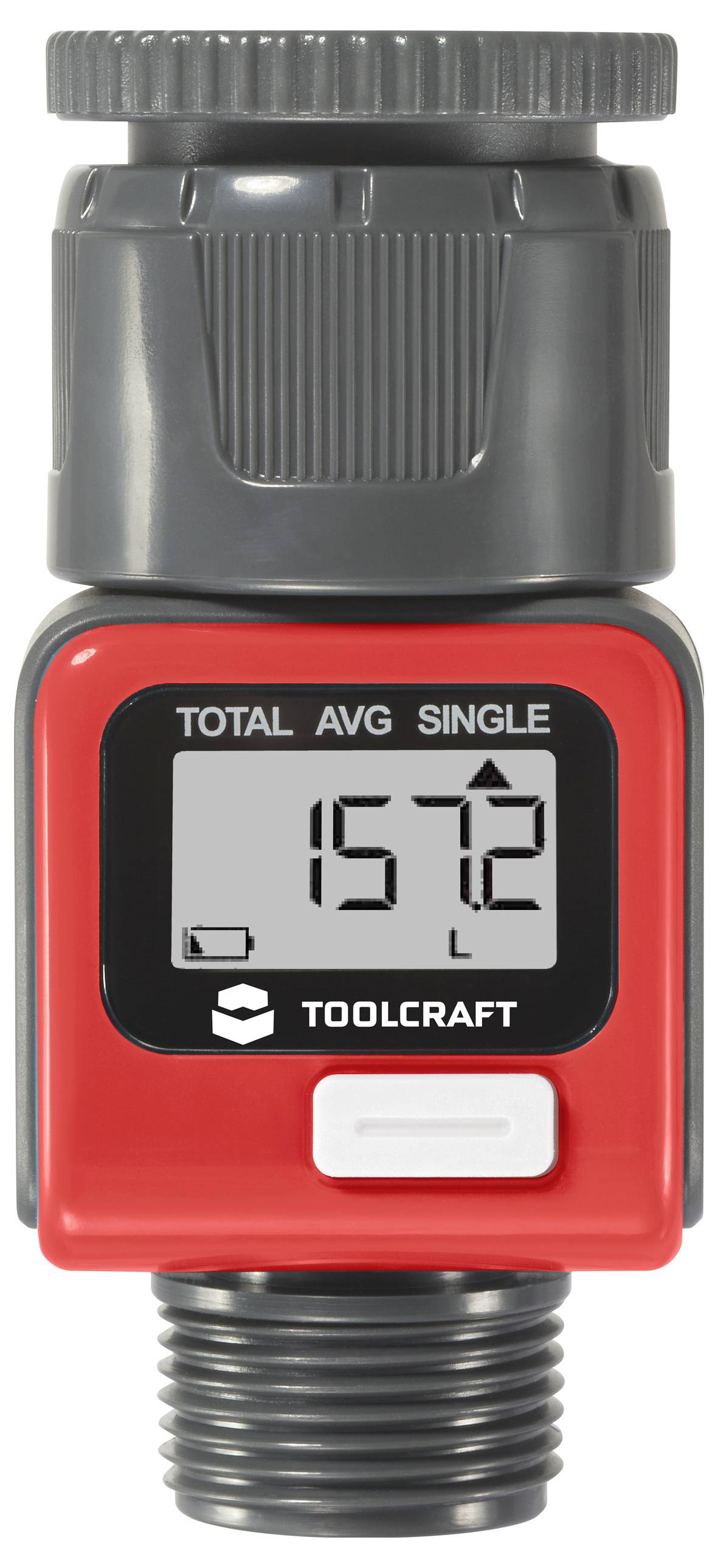 Ein rotes digitales Durchflussmessgerät mit Display zeigt '157,2 L' an. Gehäuse mit grauen Anschlussstücken oben und unten.