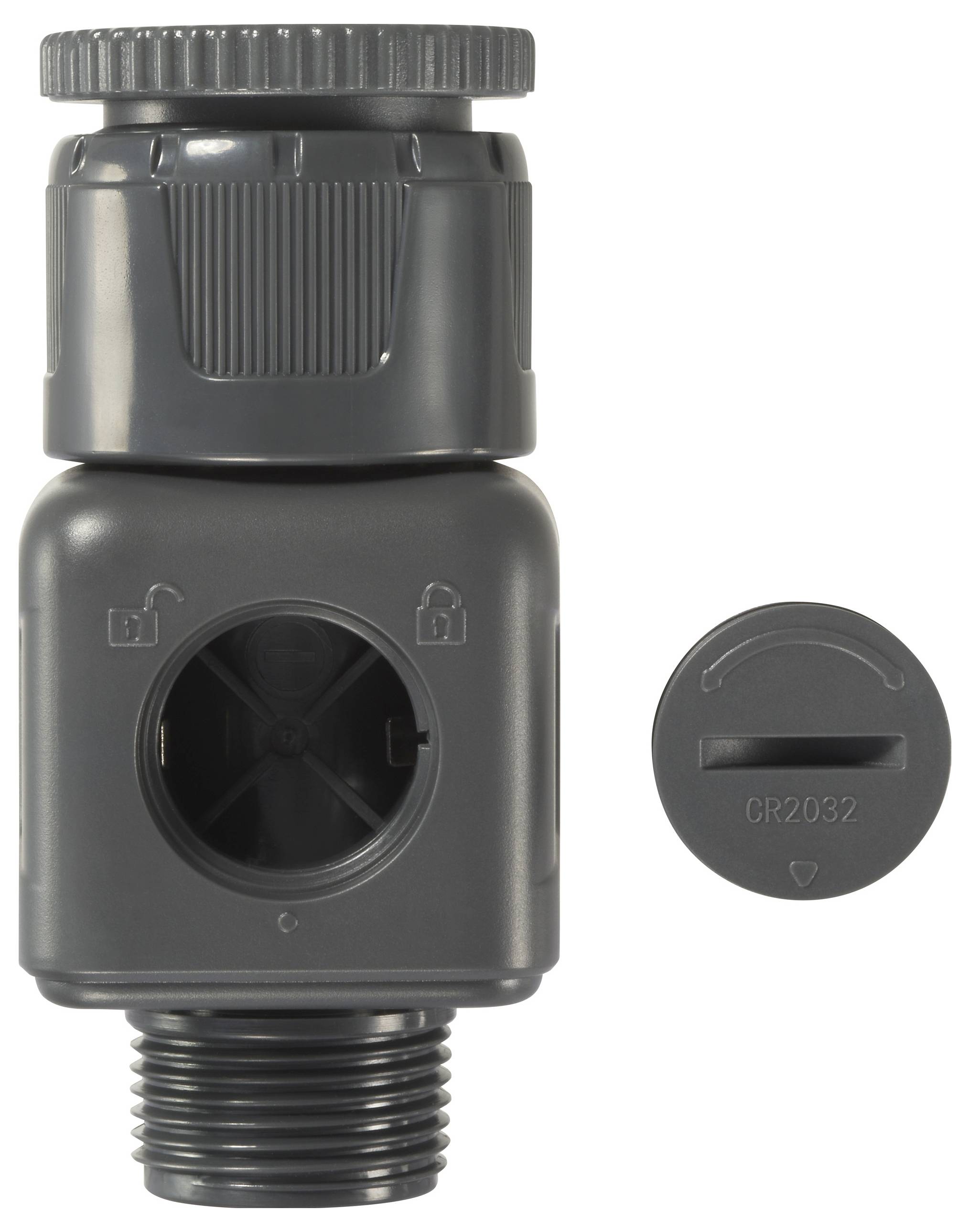Graues Bewässerungsventil mit Feststellmechanismus und separatem Batteriefachdeckel CR2032, beide aus Kunststoff gefertigt.