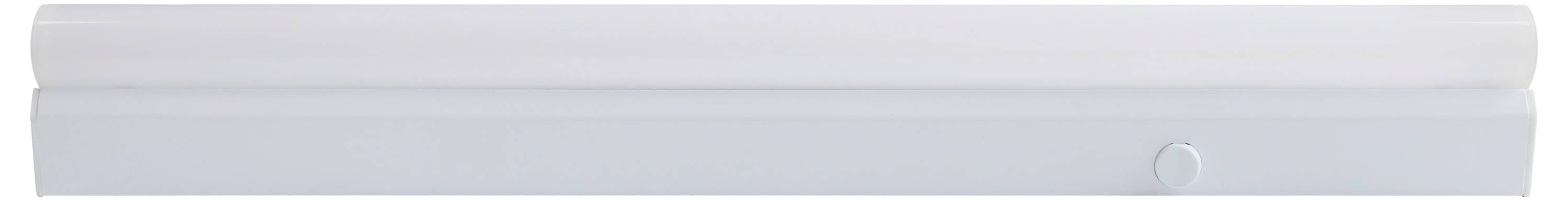 Weiße LED-Leuchte mit flachem Design und seitlichem Schalter auf einem weißen Hintergrund. Geeignet für schlichte Beleuchtungslösungen.