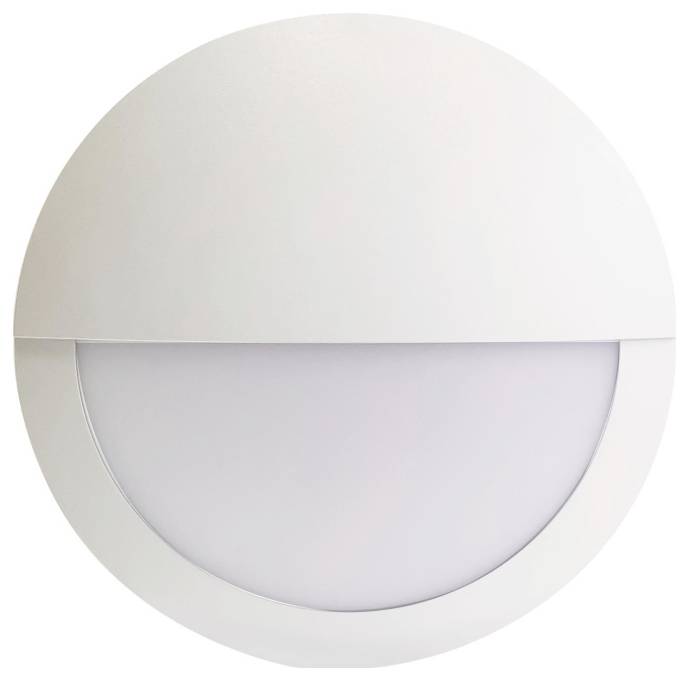 Runde, weiße Wandlampe mit halbkreisförmigem Diffusor, der das Licht nach unten streut. Geeignet für moderne Innenräume.