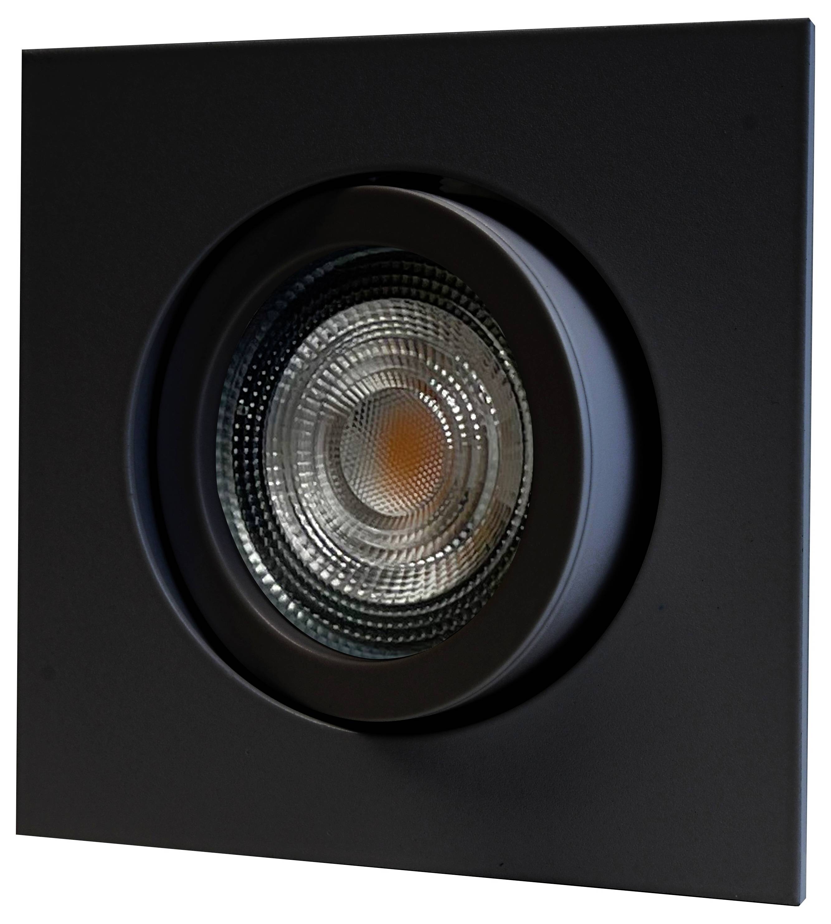 Ein schwarzer quadratischer LED-Einbaustrahler mit einem kreisförmigen Glasdiffusor in der Mitte, geeignet für moderne Innenraumbeleuchtung.