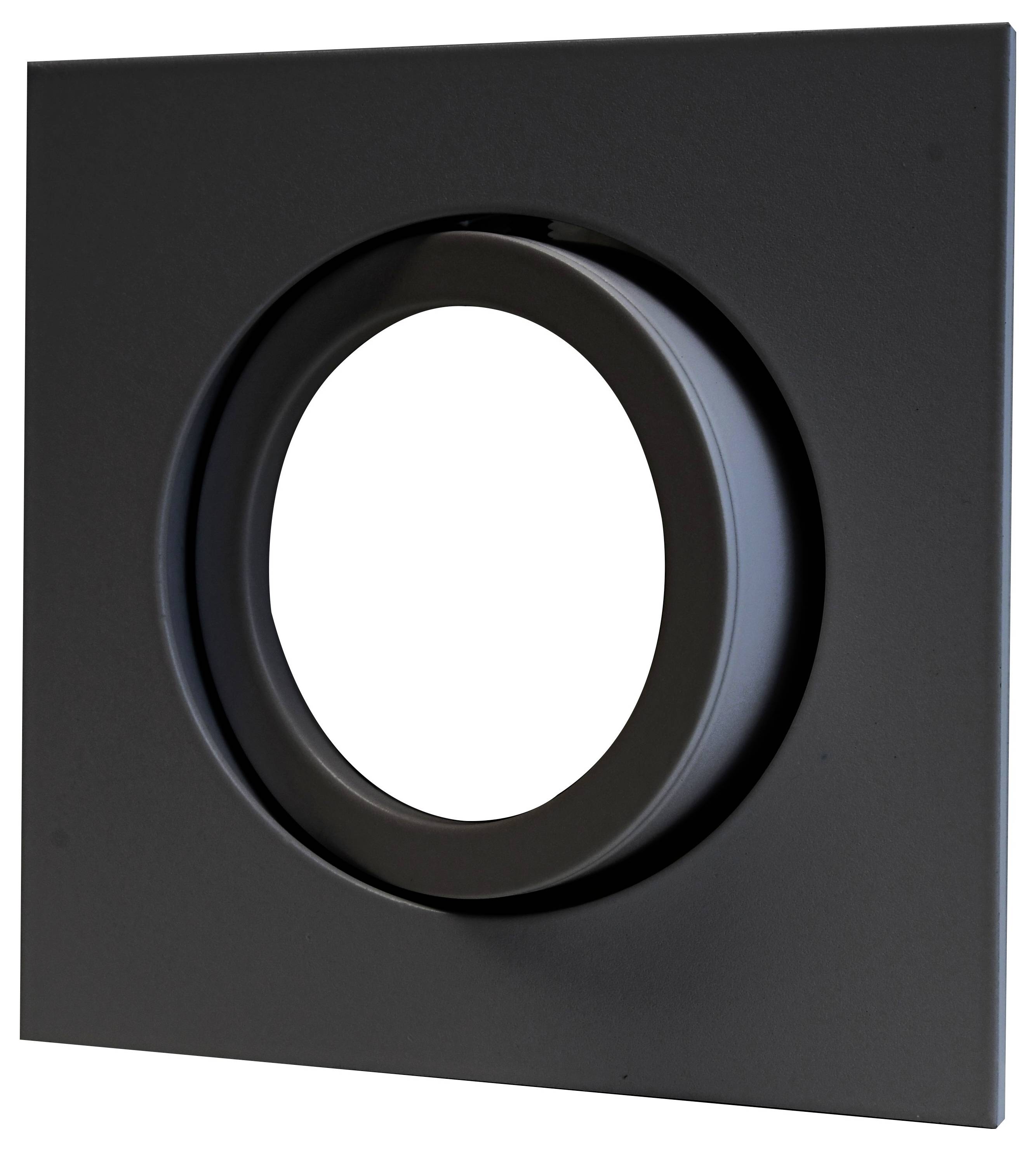 Ein schwarzer quadratischer Rahmen mit einem großen runden Ausschnitt in der Mitte. Minimalistisches Design, fokus auf die Form.