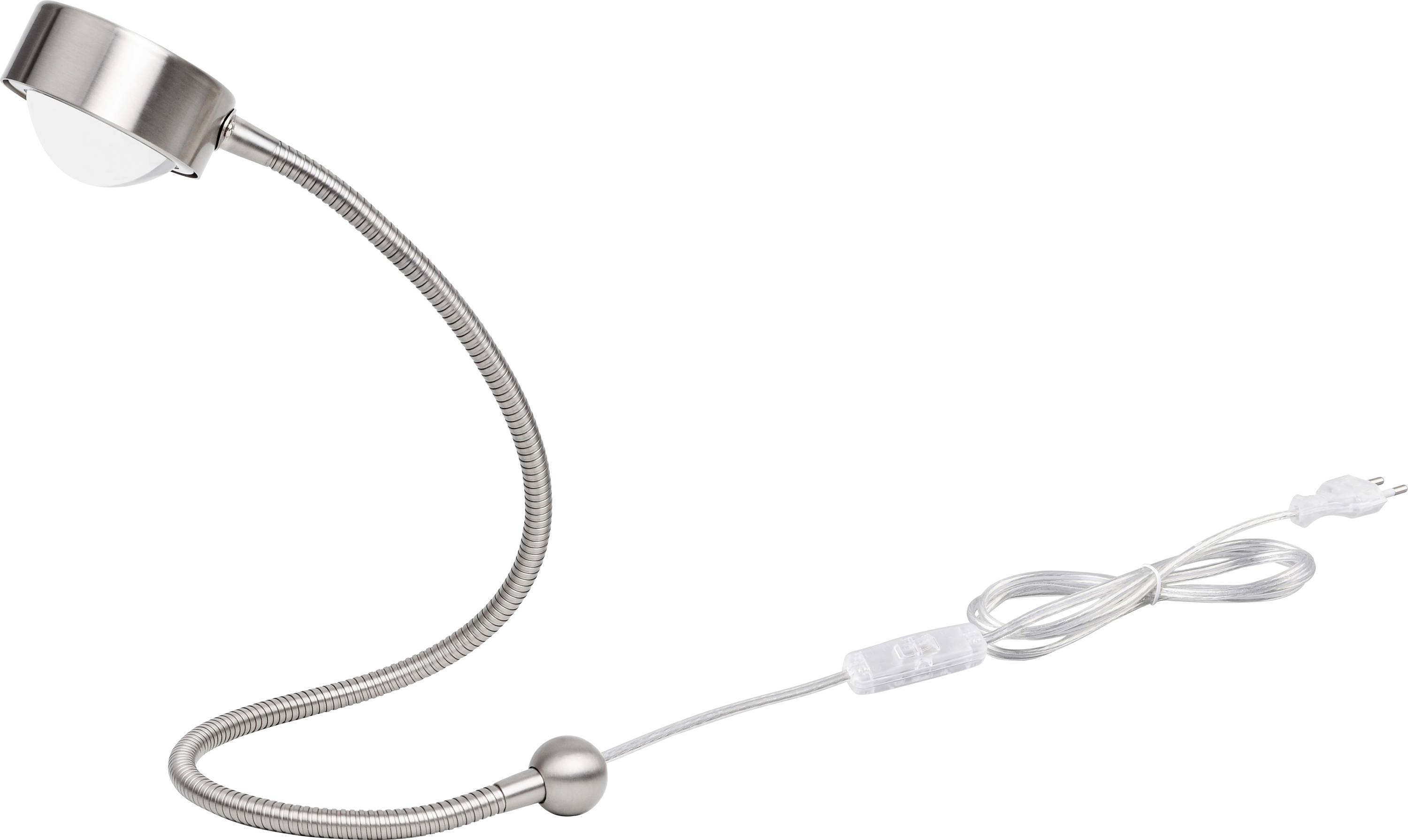 Flexible Leselampe aus Metall mit gebogenem Hals und Stecker.