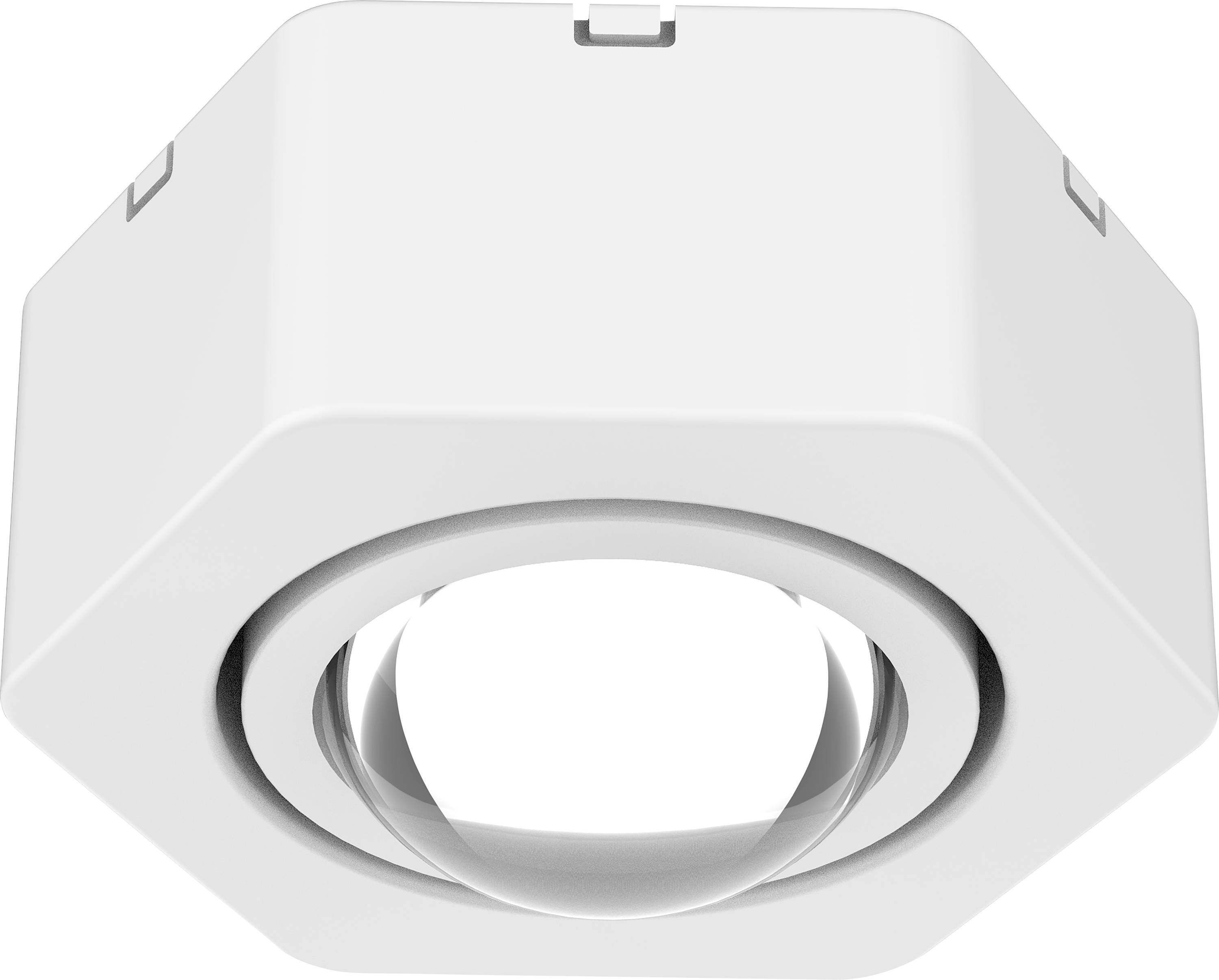 Ein weißes, sechseckiges Objekt mit einer zentralen Linse, möglicherweise eine Beleuchtungseinheit oder Kameralinse in einem weißen Gehäuse.