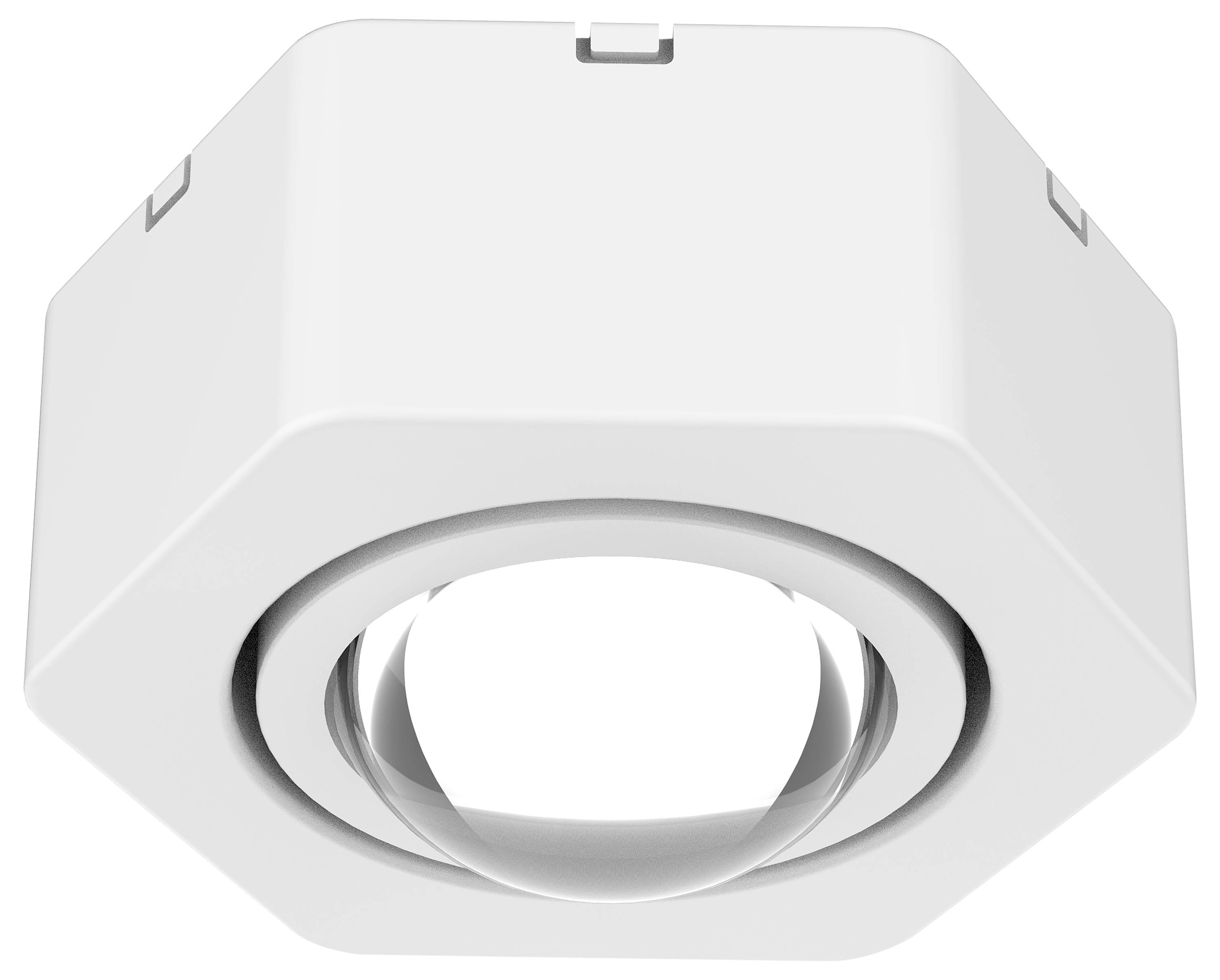 Ein weißes, sechseckiges Objekt mit einem kreisförmigen Element in der Mitte, das wie eine Linse aussieht.