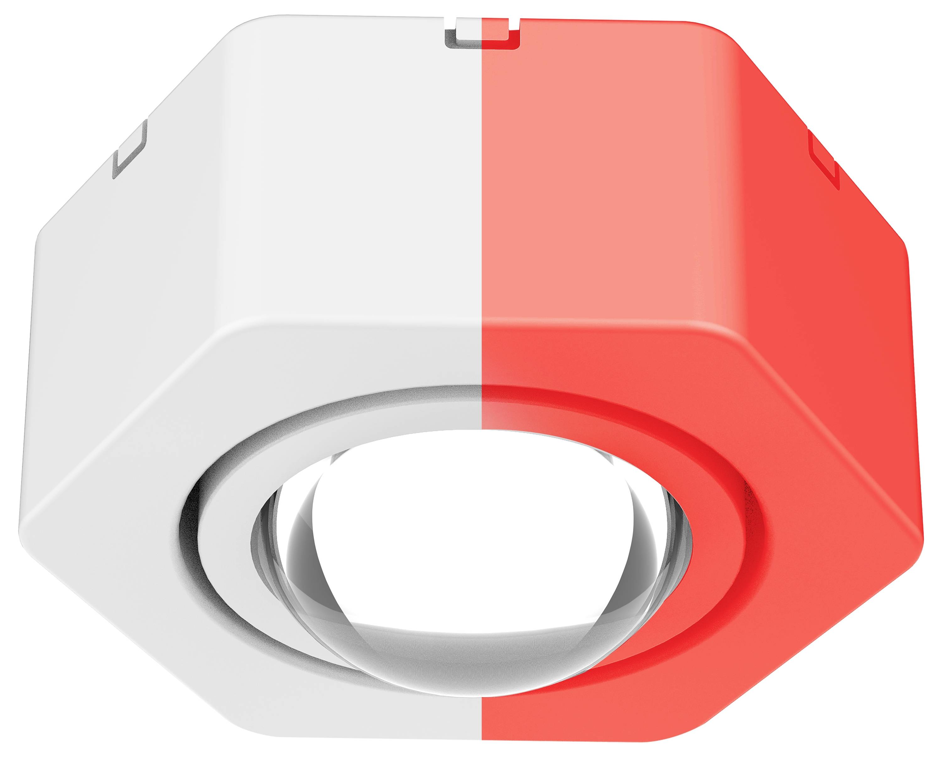 Ein sechseckiger, zweifarbig (weiß-rot) geteilter Gegenstand mit rundem, transparentem Mittelteil.