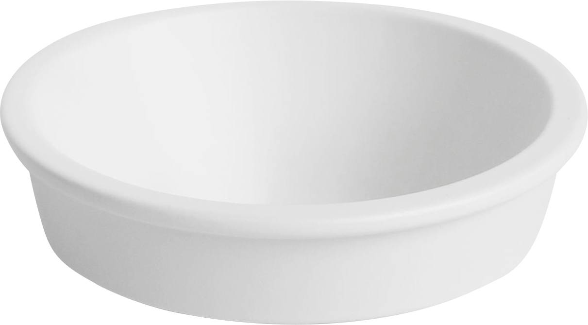 Eine weiße, runde Keramikschale mit glattem Rand und glänzender Oberfläche.