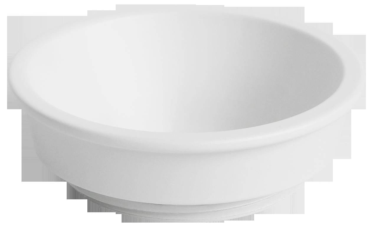 Eine runde, weiße Schale aus Porzellan, leer und ohne Dekoration.