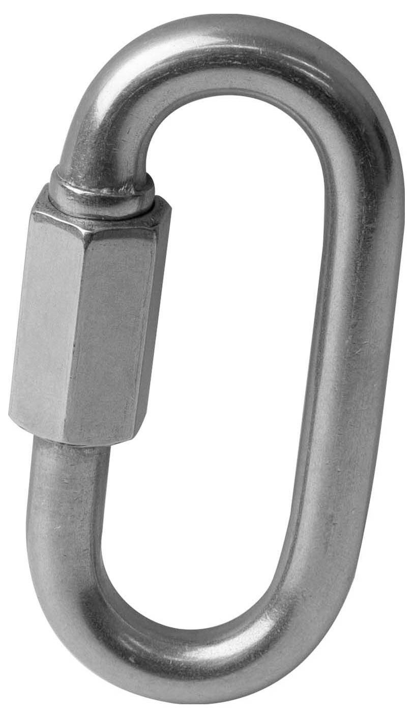 Ein ovaler Karabinerhaken aus silbernem Metall, verschlossen durch einen Schraubverschluss.