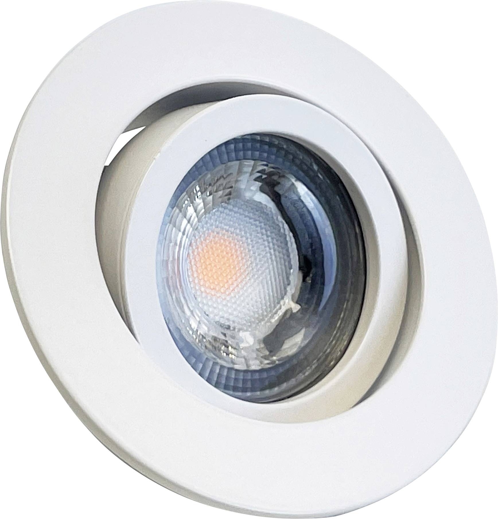 Runde LED-Einbauleuchte in Weiß mit schwenkbarem Mechanismus.