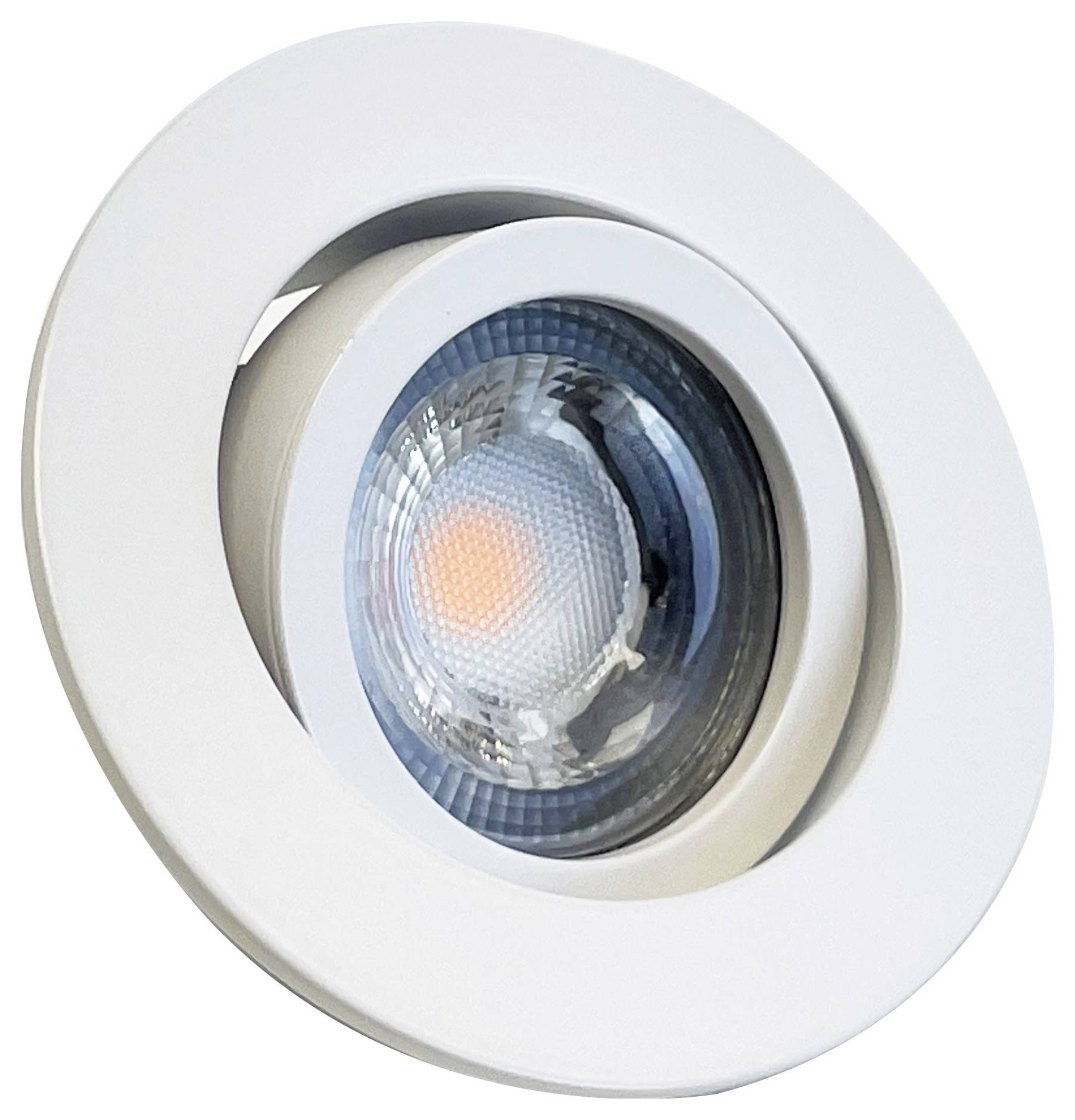 Ein runder, weißer LED-Strahler mit einstellbarem Winkel. Er ist für die Deckenmontage geeignet und hat einen zentralen, leuchtenden Punkt.