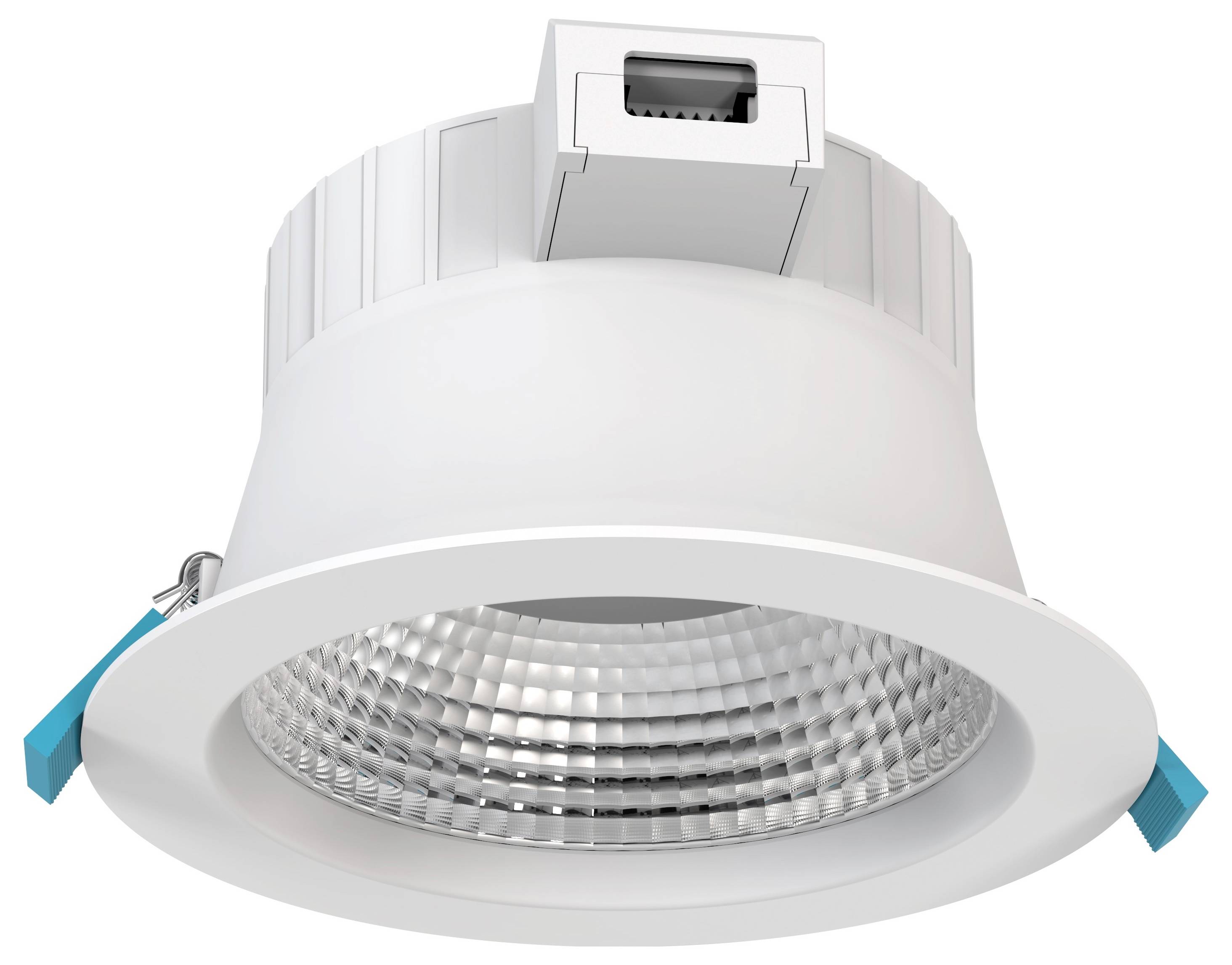 Eine weiße, runde LED-Deckenleuchte mit geripptem Reflektor und blauen Montageklemmen, geeignet für Innenraumbelichtung.