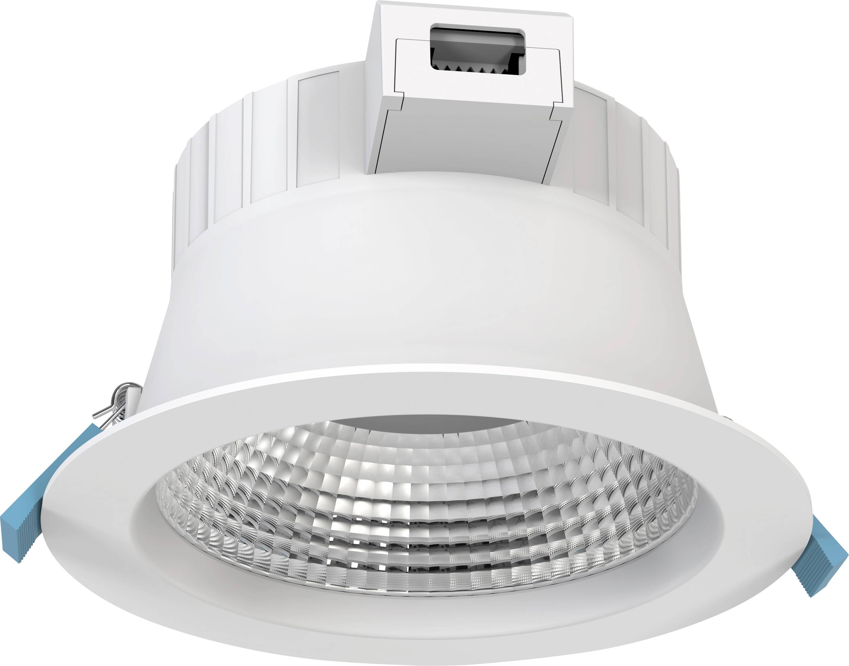 LED-Deckeneinbaustrahler in Weiß mit geriffelter Linse, geeignet für moderne Beleuchtungsinstallationen.