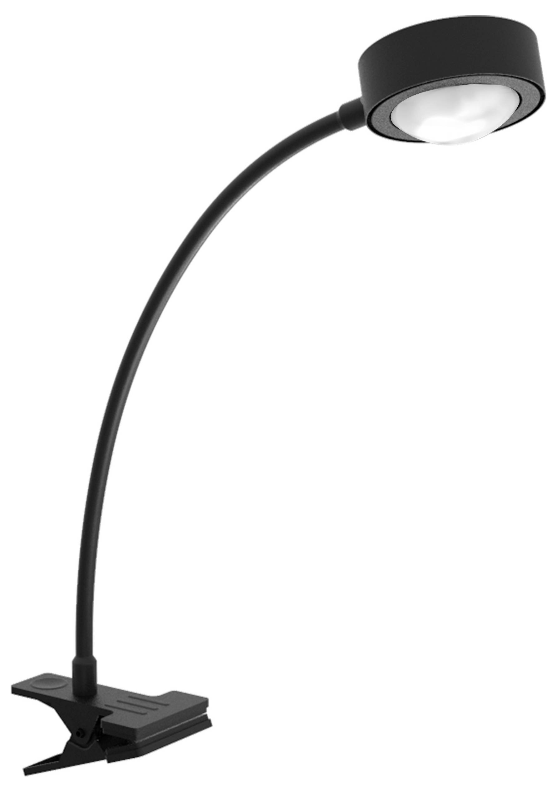 Eine schwarze, flexible Leselampe mit Klemme, geeignet zum Befestigen an Oberflächen für gezieltes Licht.