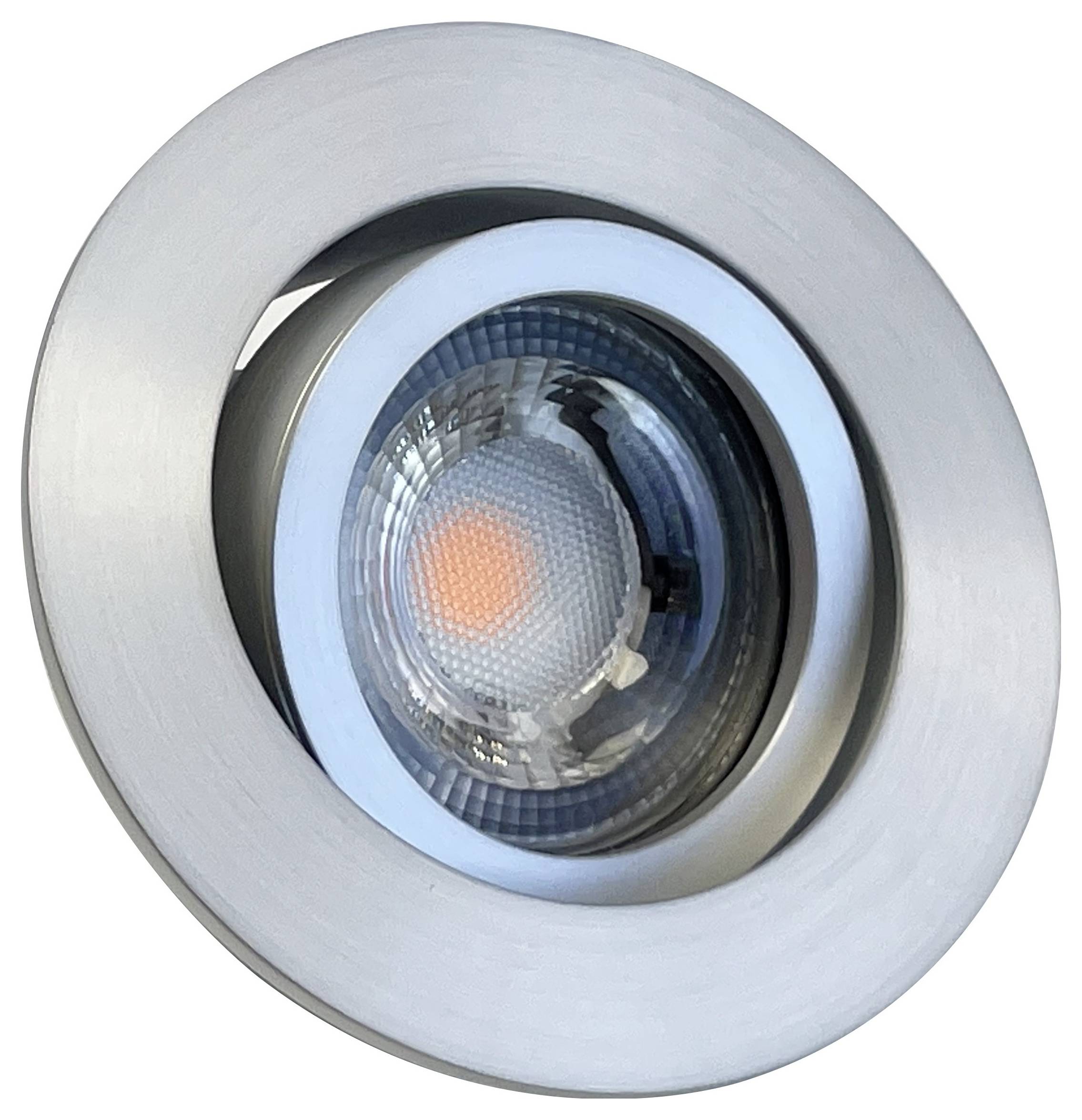 Silberne LED-Deckeneinbaulampe in kreisförmigem Gehäuse, beleuchtet.