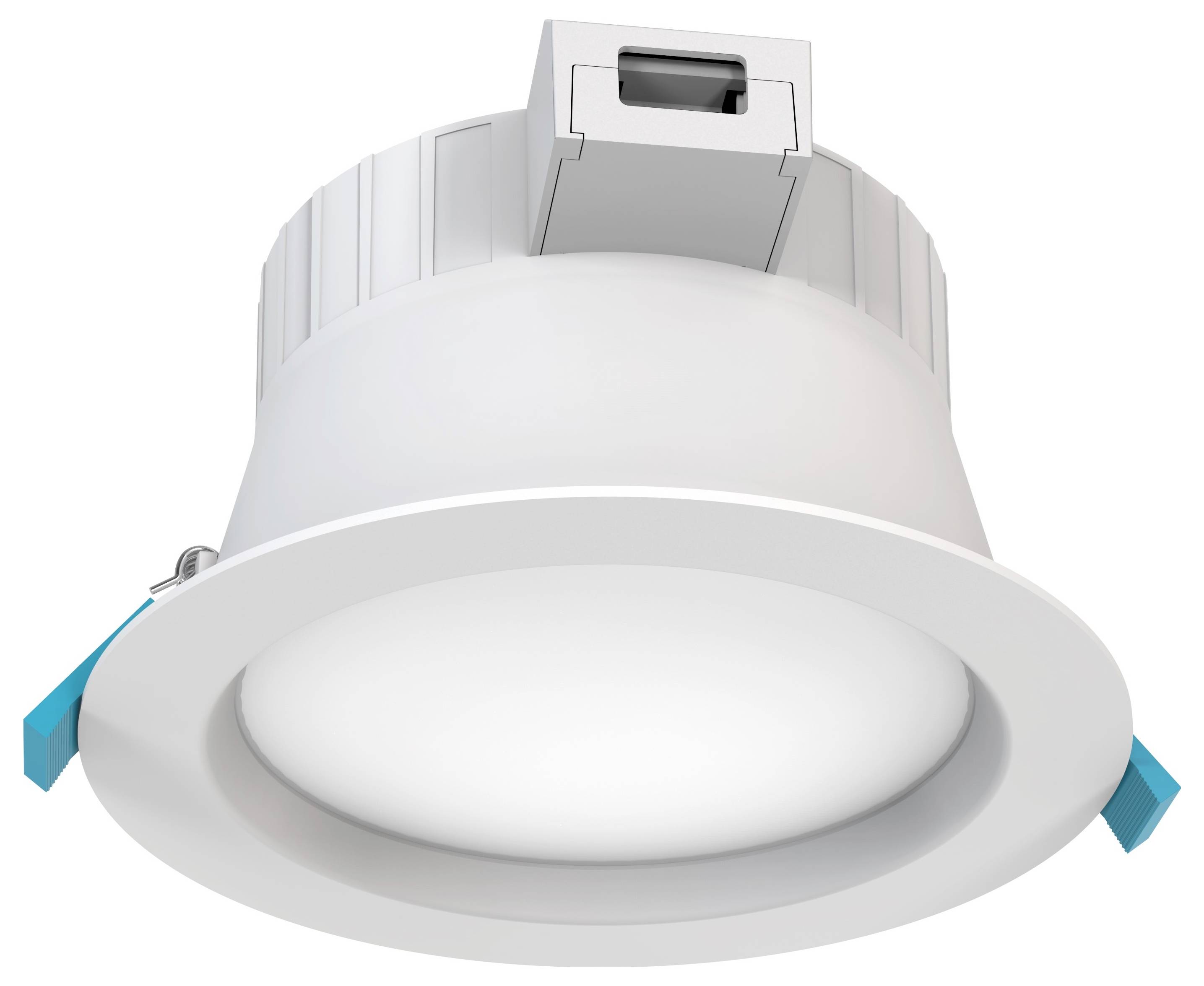 Runde Decken-LED-Leuchte in Weiß mit blauem Clip und rechteckigem Anschlusskasten auf der Oberseite.