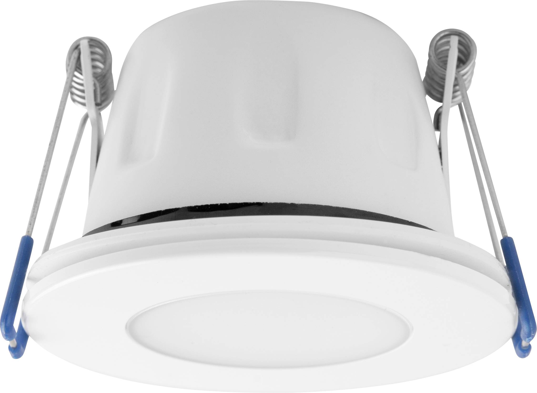 Ein weißer Einbaustrahler mit runder Form und zwei blauen Befestigungsklammern an den Seiten, geeignet für Deckenmontage.