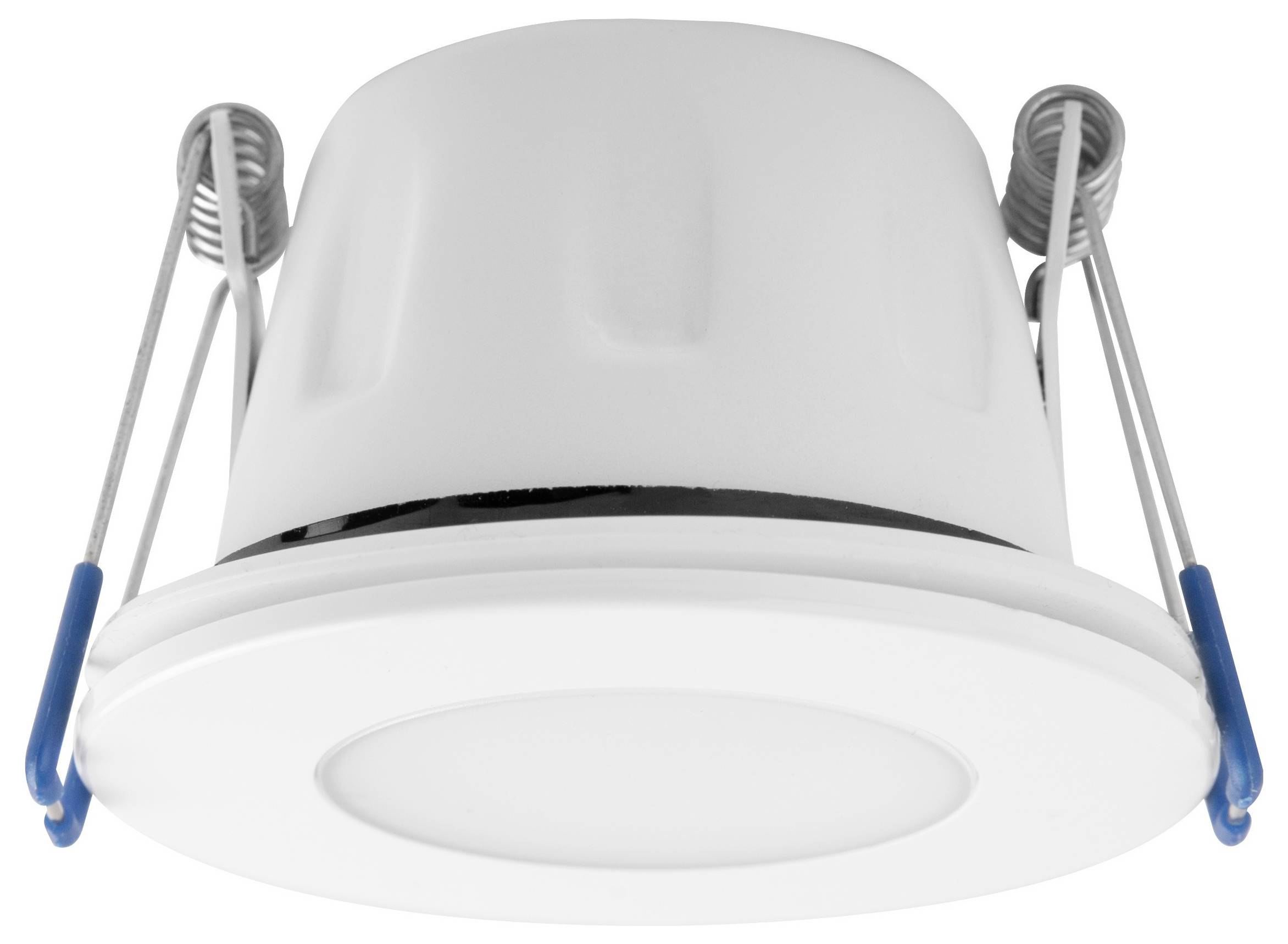 Eine weiße Einbaulampe mit blauen Clips, die zur Deckenmontage vorgesehen ist. Sie hat einen schlichten, runden Rahmen.