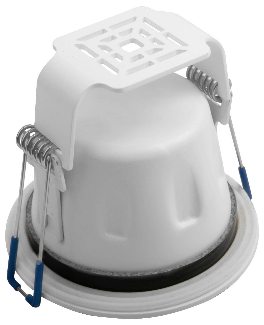 Ein weißer, runder LED-Deckenstrahler mit Metallklammern zur Befestigung. Geeignet für den Einbau in abgehängte Decken.