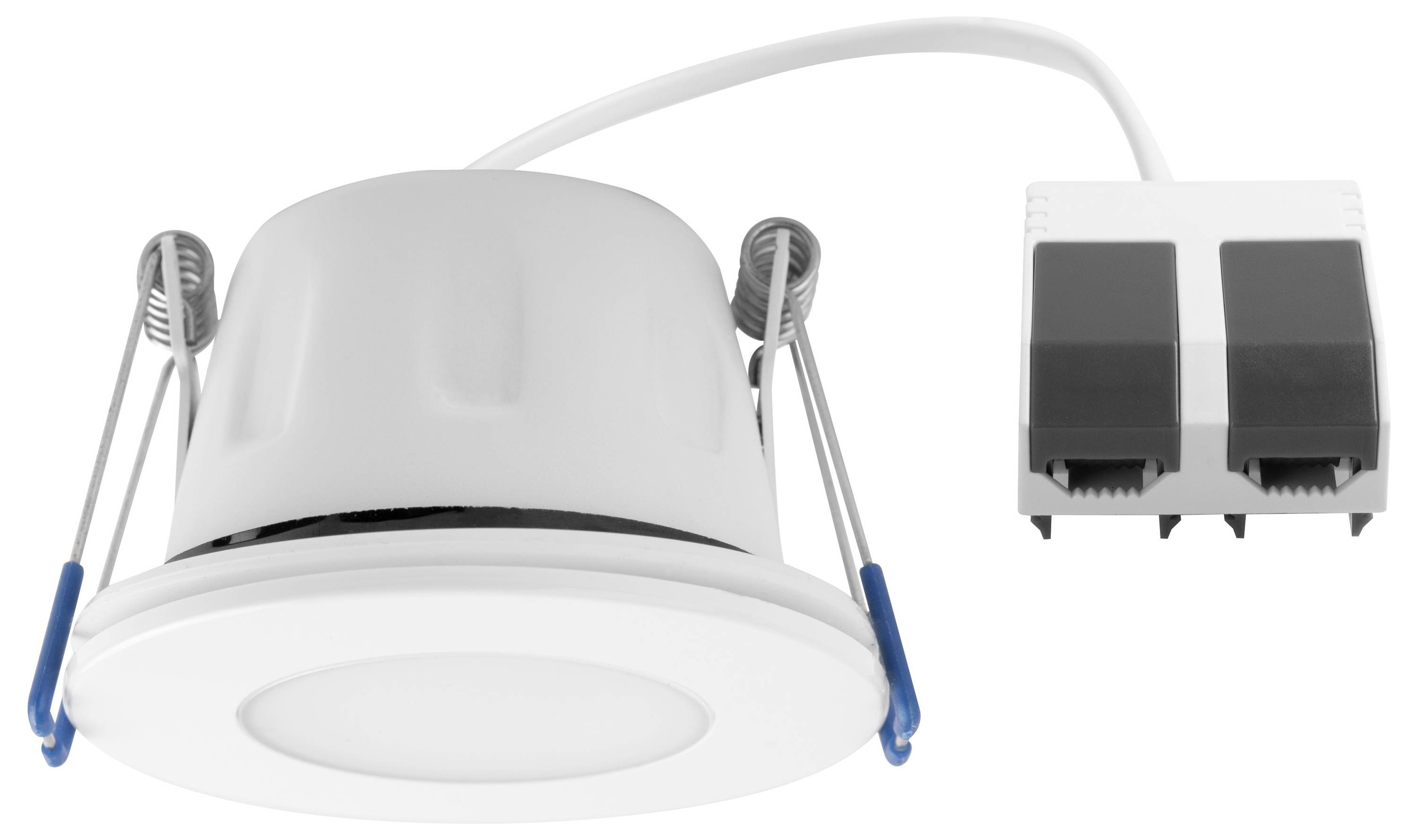 Runder, weißer LED-Einbaustrahler mit zwei Federclips zur Befestigung und einem Anschlusskabel mit Steckverbindung rechts.