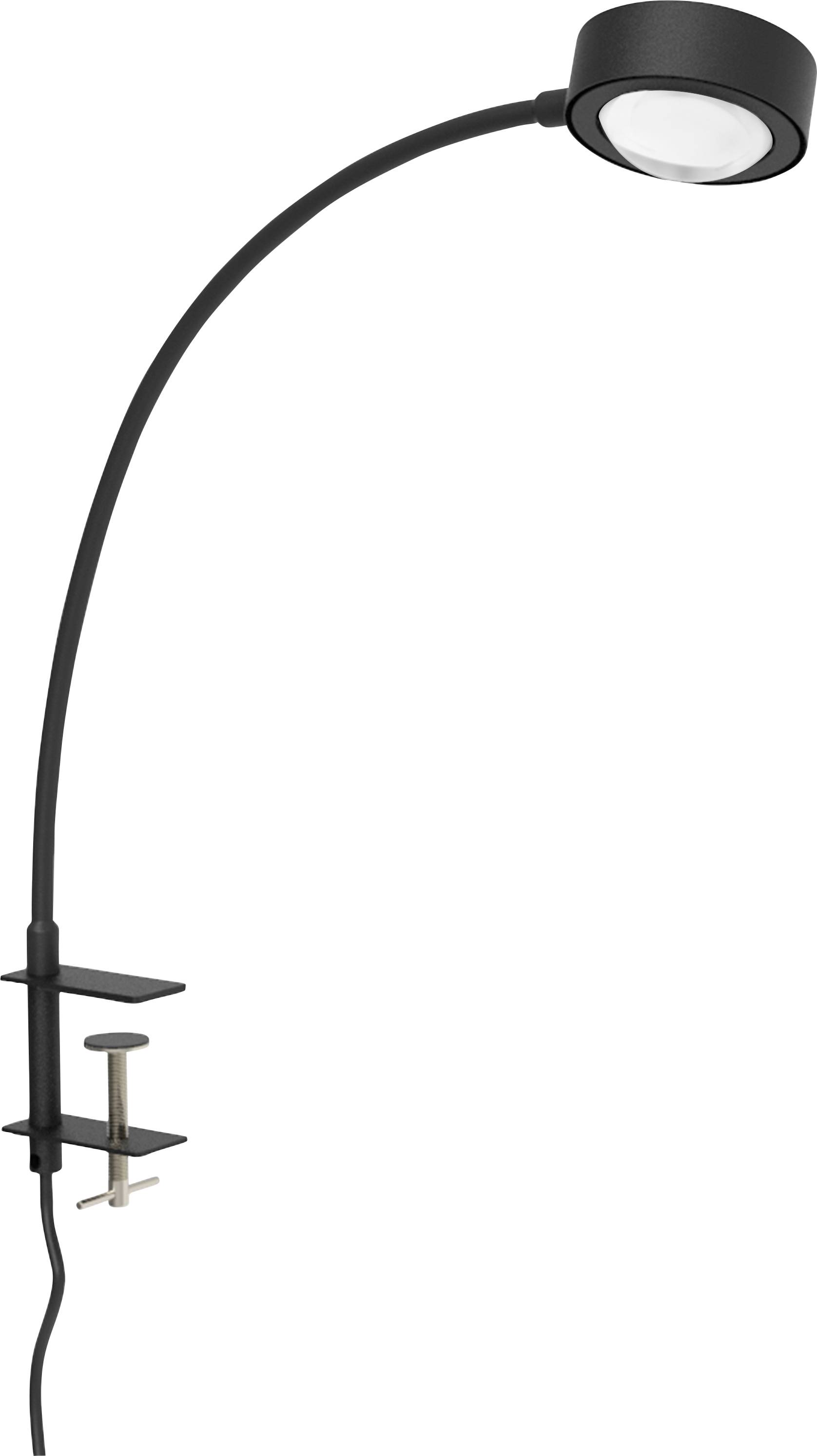 Eine schwarze, gebogene LED-Klemmleuchte mit rundem Lampenschirm, befestigt an einem Tischrand. Ideal für präzise Beleuchtung.