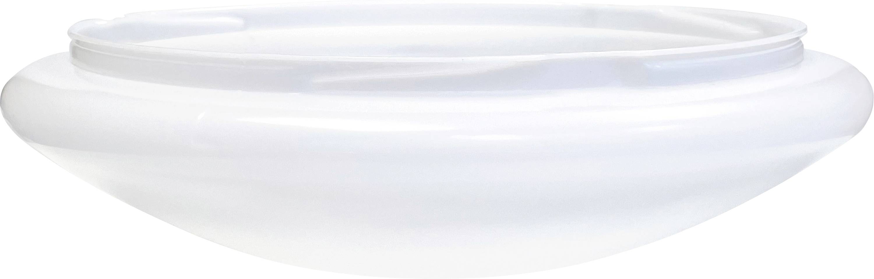 Eine schlichte weiße Schale aus mattem Glas, rund und flach, ohne Verzierungen.