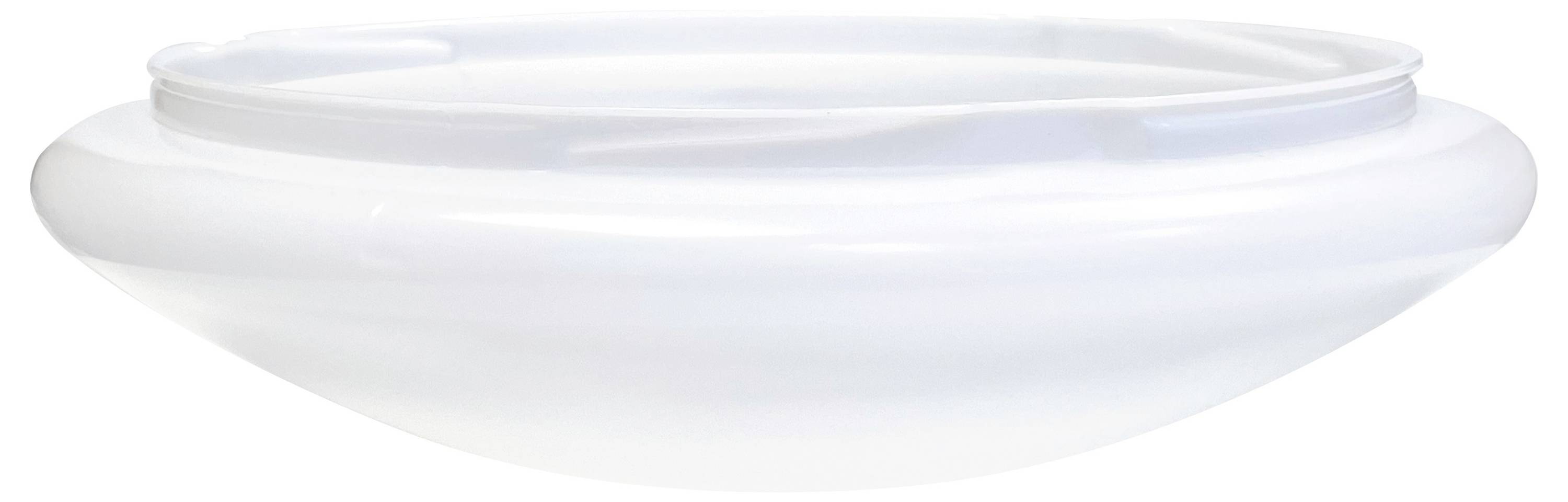 Eine schlichte, weiß-transparente Glasabdeckung in flacher, runder Form, die möglicherweise für Deckenlampen verwendet wird.