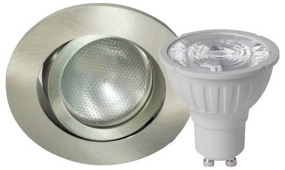 Zwei LED-Leuchten: eine in einer silbernen runden Fassung und eine weiße GU10-Glühlampe.