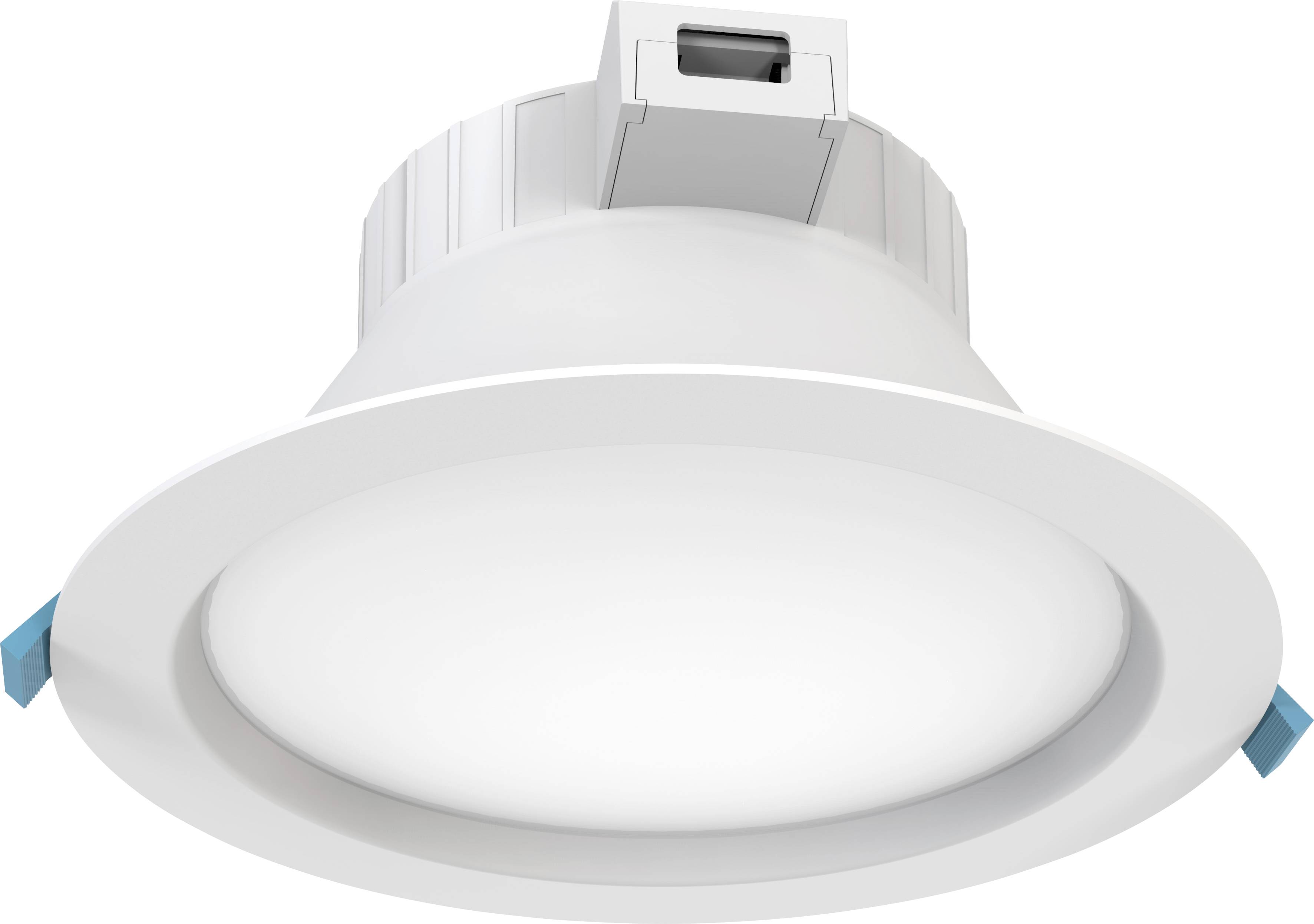 LED-Einbaustrahler mit weißem Gehäuse und rundem Design. Geeignet für Deckenmontage in Wohn- oder Geschäftsbereichen.