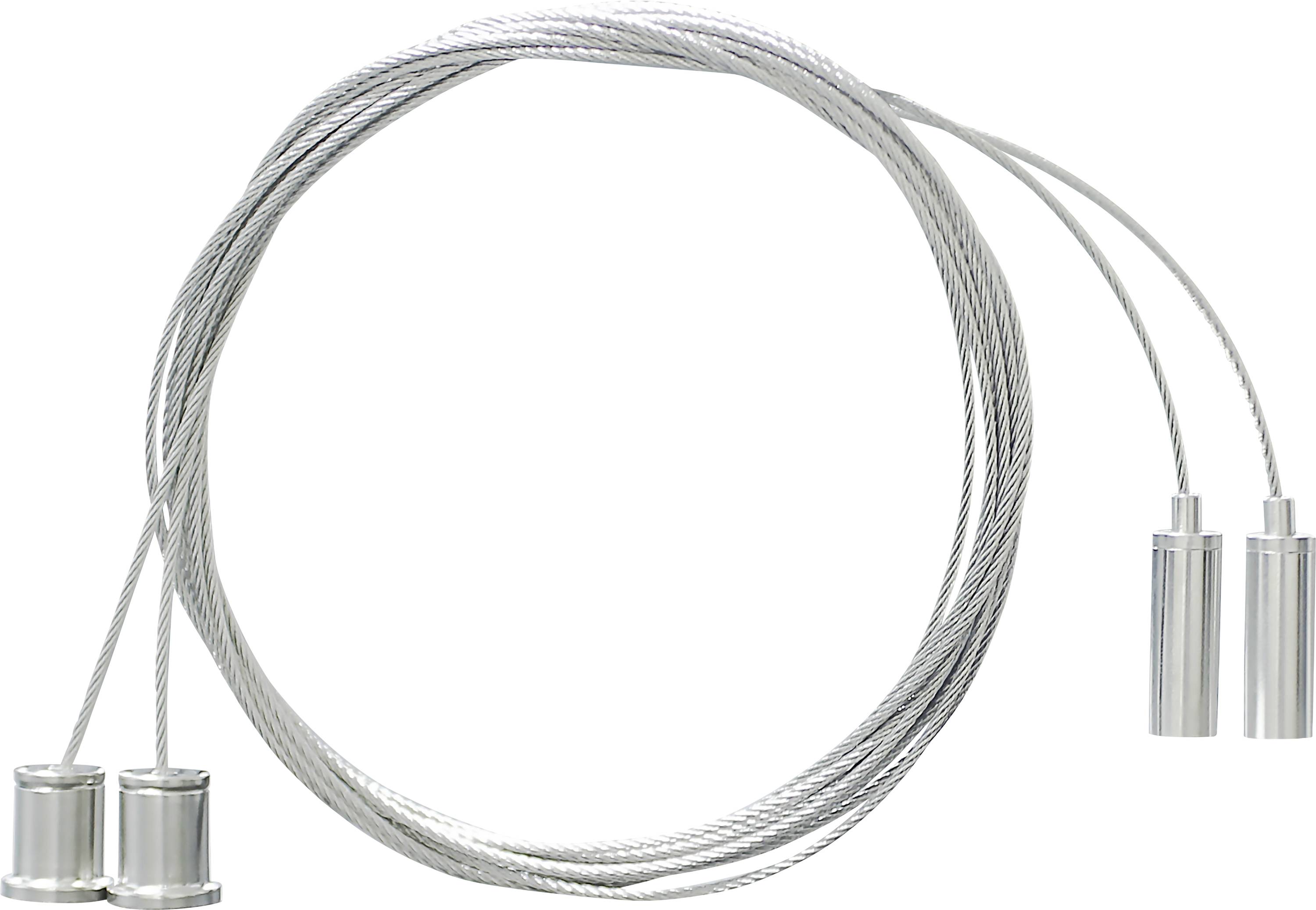 Silbernes Stahlseil mit zwei Griffen, ähnlich einem Springseil, auf weißem Hintergrund. Hauptsächlich für Fitness oder Training verwendet.