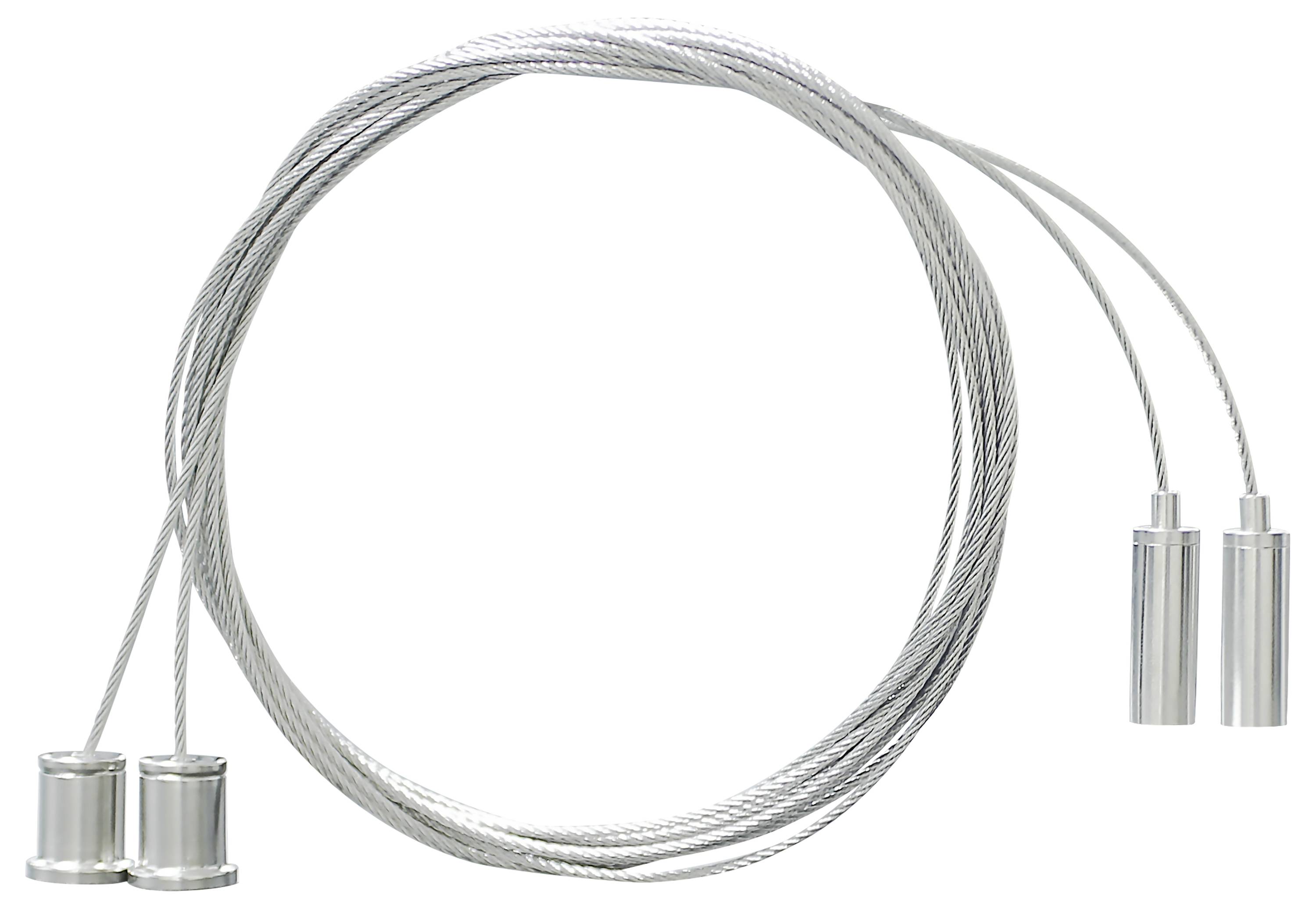 Zwei silberne Drahtseile mit zylindrischen Metallschlaufen an den Enden. Sie sind nebeneinander gelegt, bereit zur Verwendung.