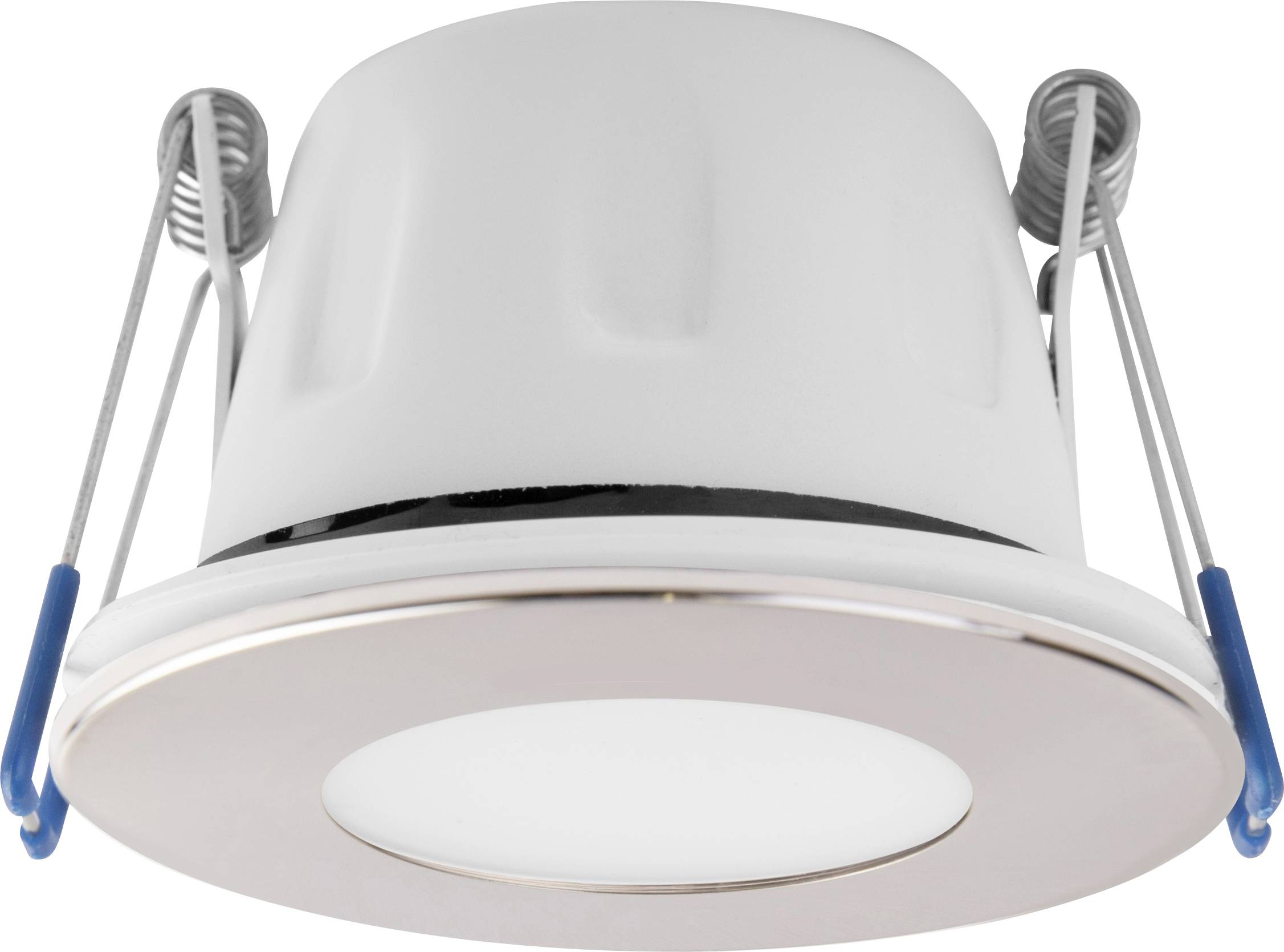 Ein LED-Deckeneinbauspot mit weißem Rahmen und Metallklammern zur Befestigung in der Decke.