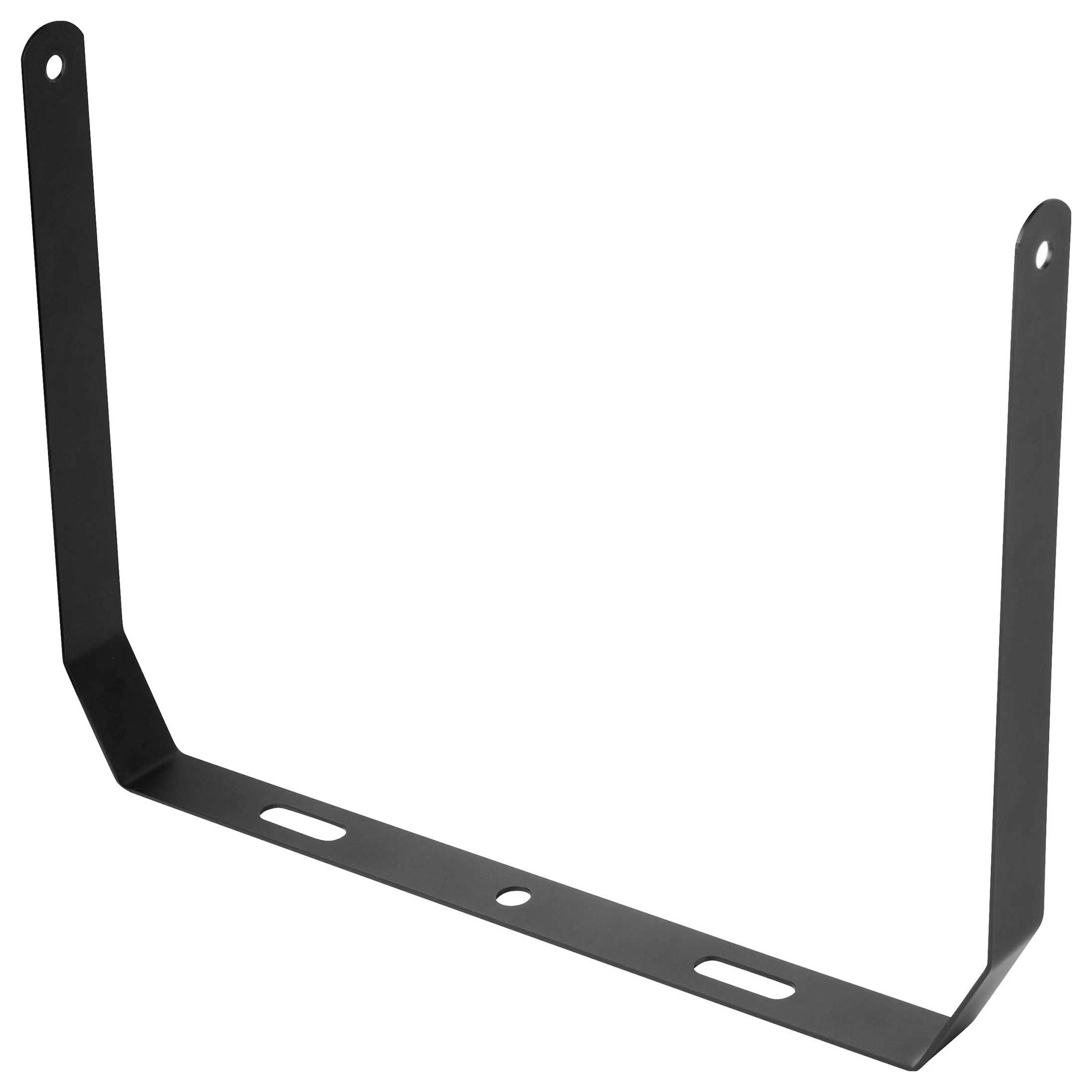 Schwarzer Metallbügel in U-Form mit Befestigungslöchern an den Enden.