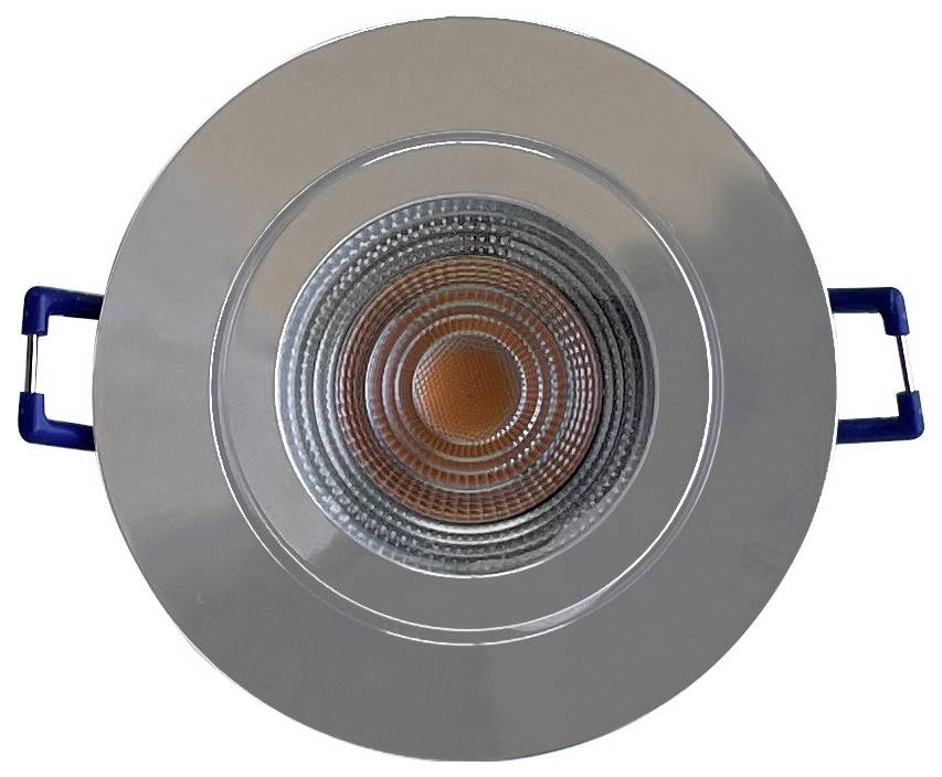 Runde LED-Deckeneinbauleuchte in Silber, zentraler orangefarbener Lichtbereich, seitliche blaue Halteklammern.