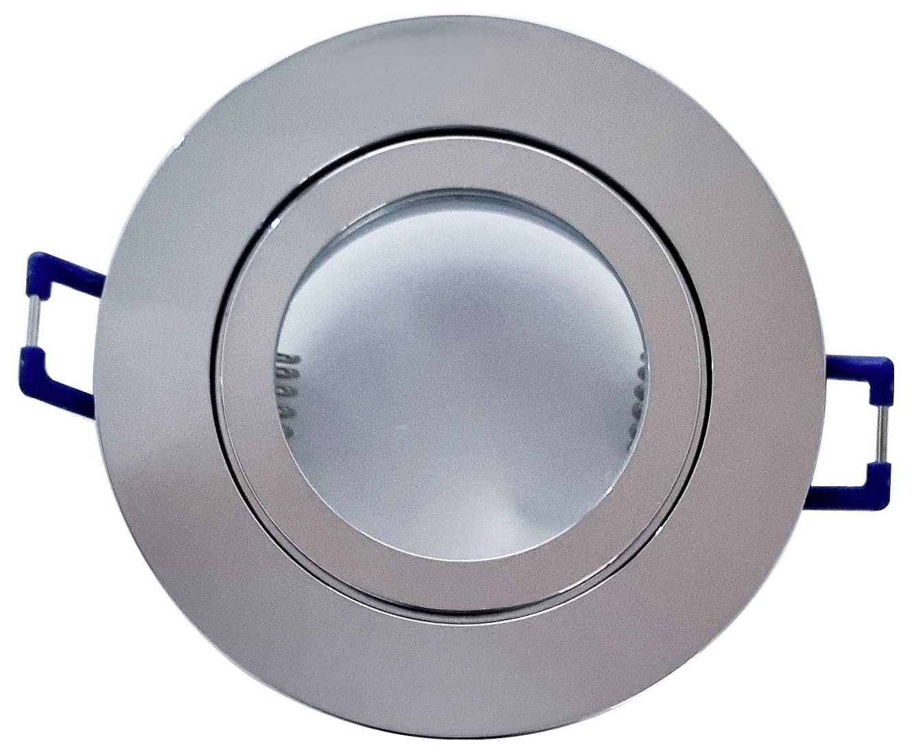 Ein runder Metall-LED-Spot mit Glasabdeckung und blauen Griffen, geeignet für Deckeneinbau.