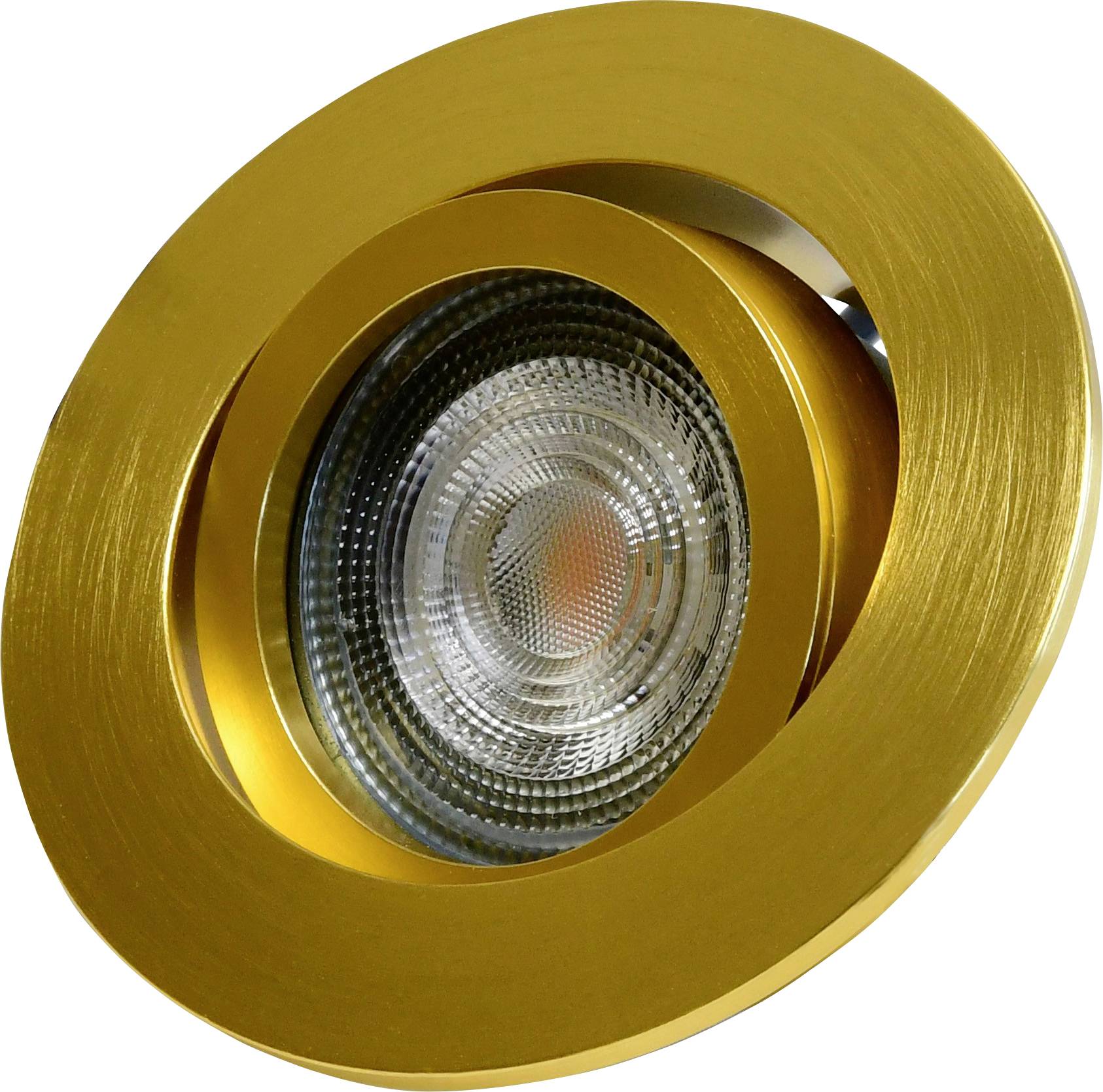 Eine goldene, runde LED-Einbauleuchte mit fokussiertem Lichtstrahl, geeignet für moderne Innenräume.