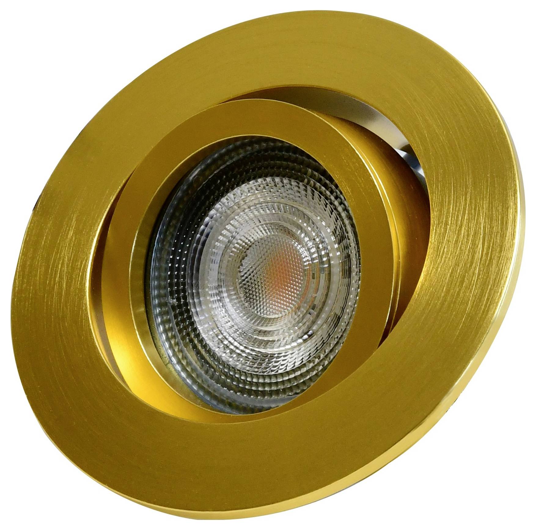 Ein goldenes, rundes LED-Deckeneinbauleuchte mit gerilltem Muster. Ideal zur energiesparenden und stilvollen Raumbeleuchtung.