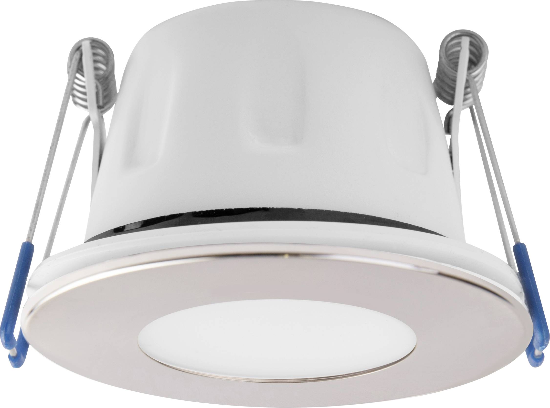 Weißer, runder LED-Deckenstrahler mit Halteklammern an den Seiten, geeignet für den Einbau in Zwischendecken.
