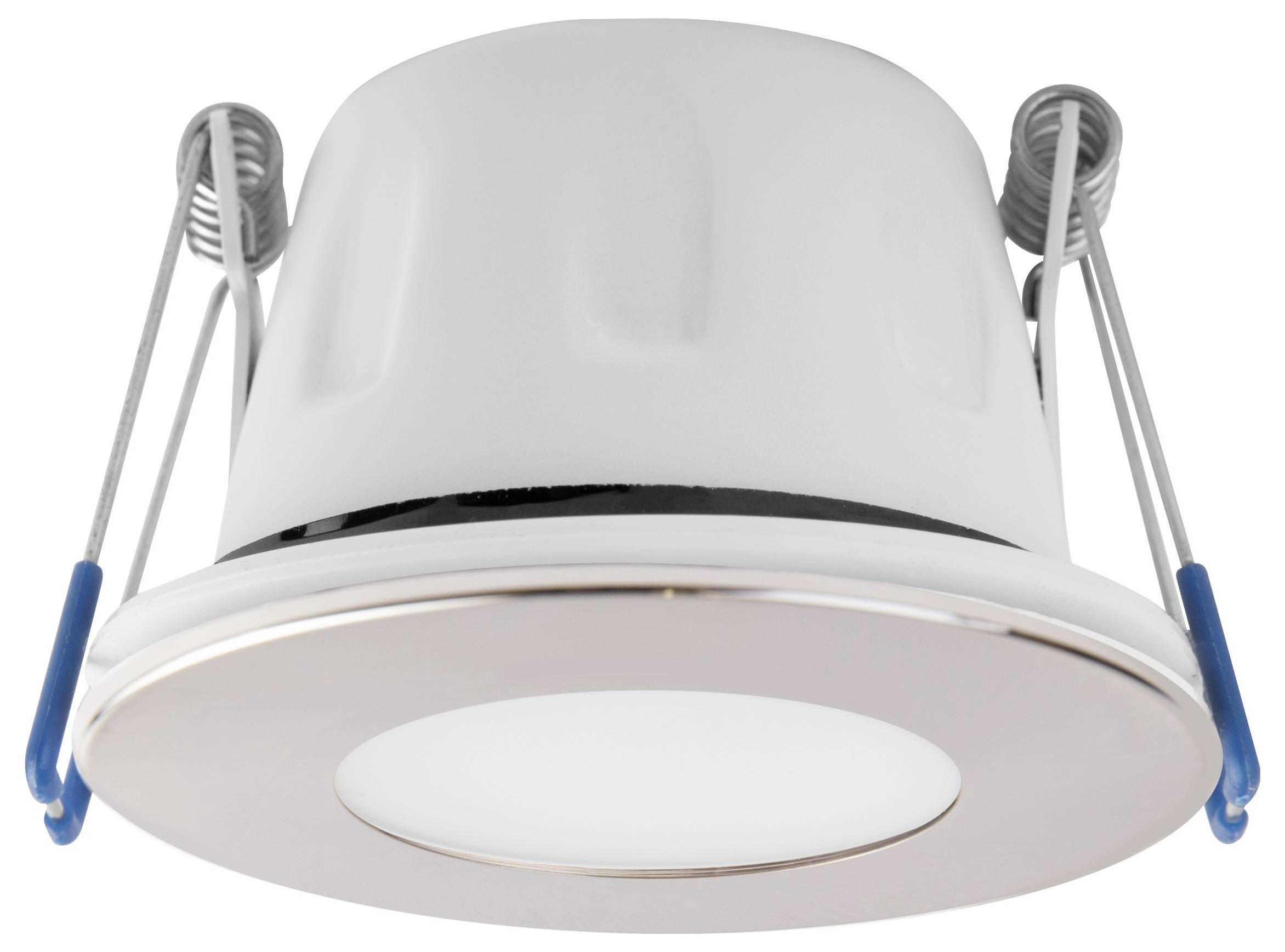 Deckenstrahler mit metallischen Halterungen und weißem Gehäuse. Geeignet für Einbaudecken, modernes Design, energiesparend.