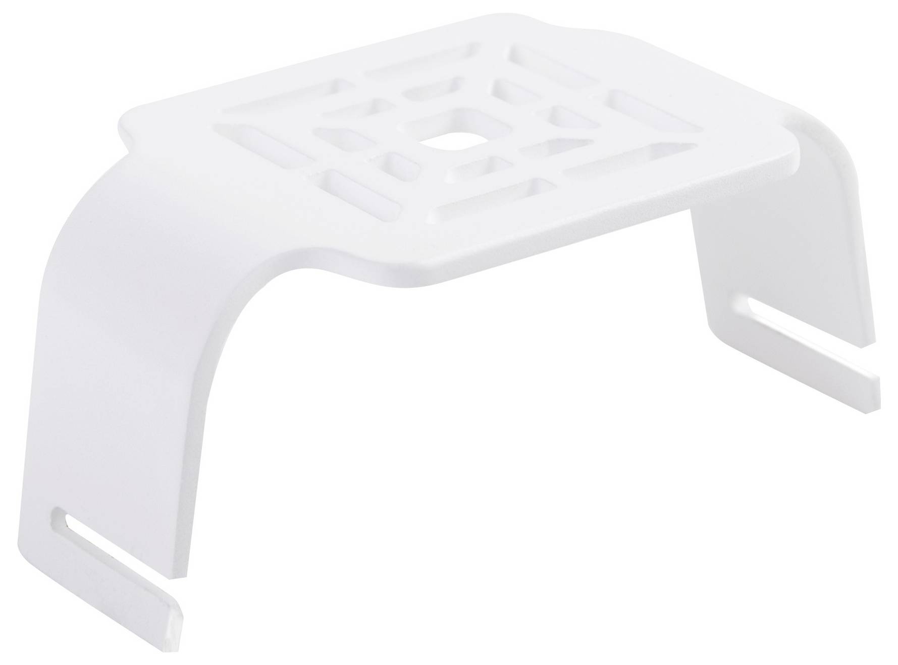 Weiße, gebogene Kunststoffhalterung mit rechteckiger Plattform und offenen Schlitzen an den Enden.