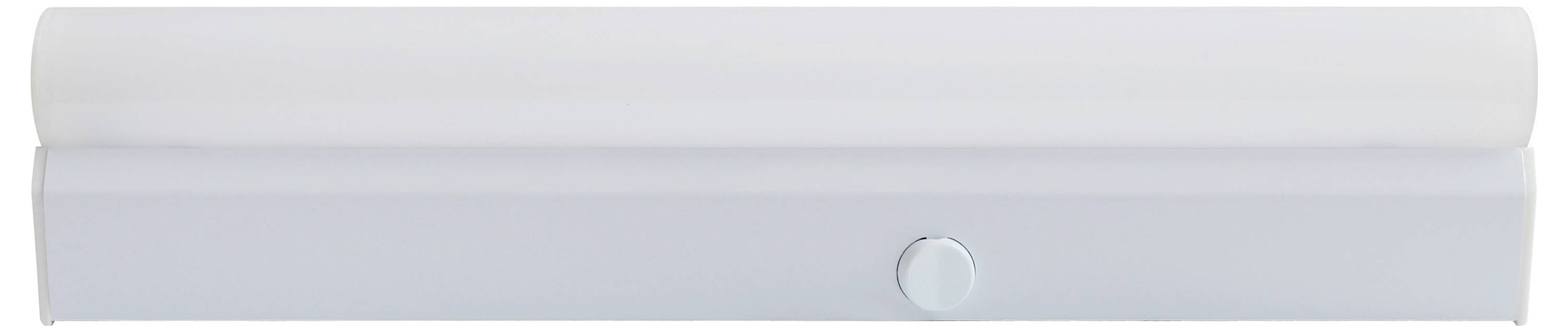 Weiße Wandleuchte mit zylindrischem Leuchtkörper und kreisförmigem Schalter in der Mitte, minimalistisches Design.
