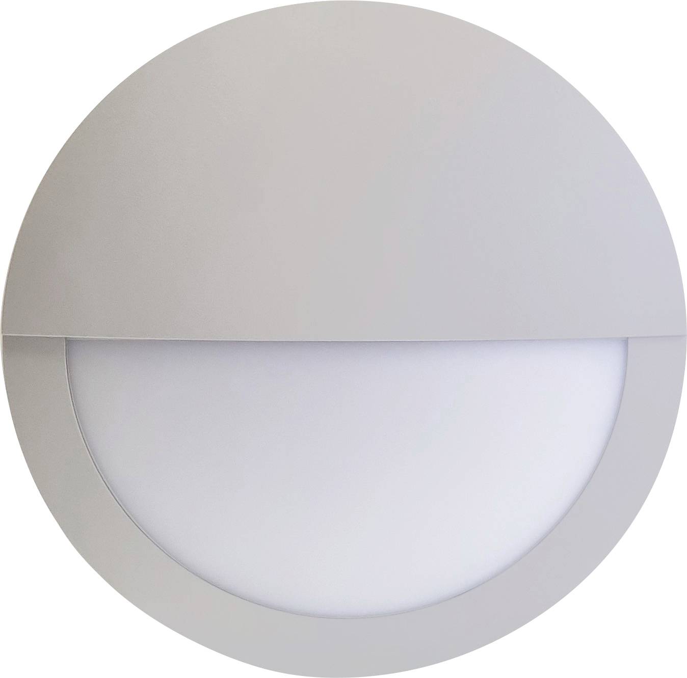 Runde, moderne Wandleuchte aus Metall in Grau mit halbkreisförmigem, mattem Diffusor aus Kunststoff, geeignet für Innen- oder Außenbereich.