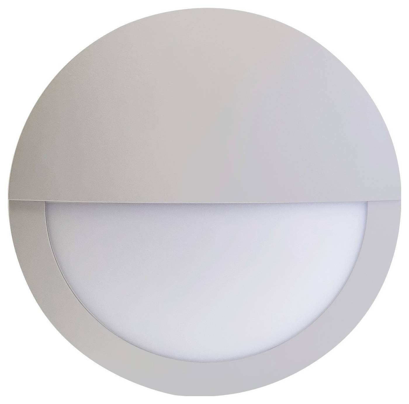 Runde, graue Außenleuchte mit halbkreisförmiger Abdeckung und diffuser Lichtfläche unten.